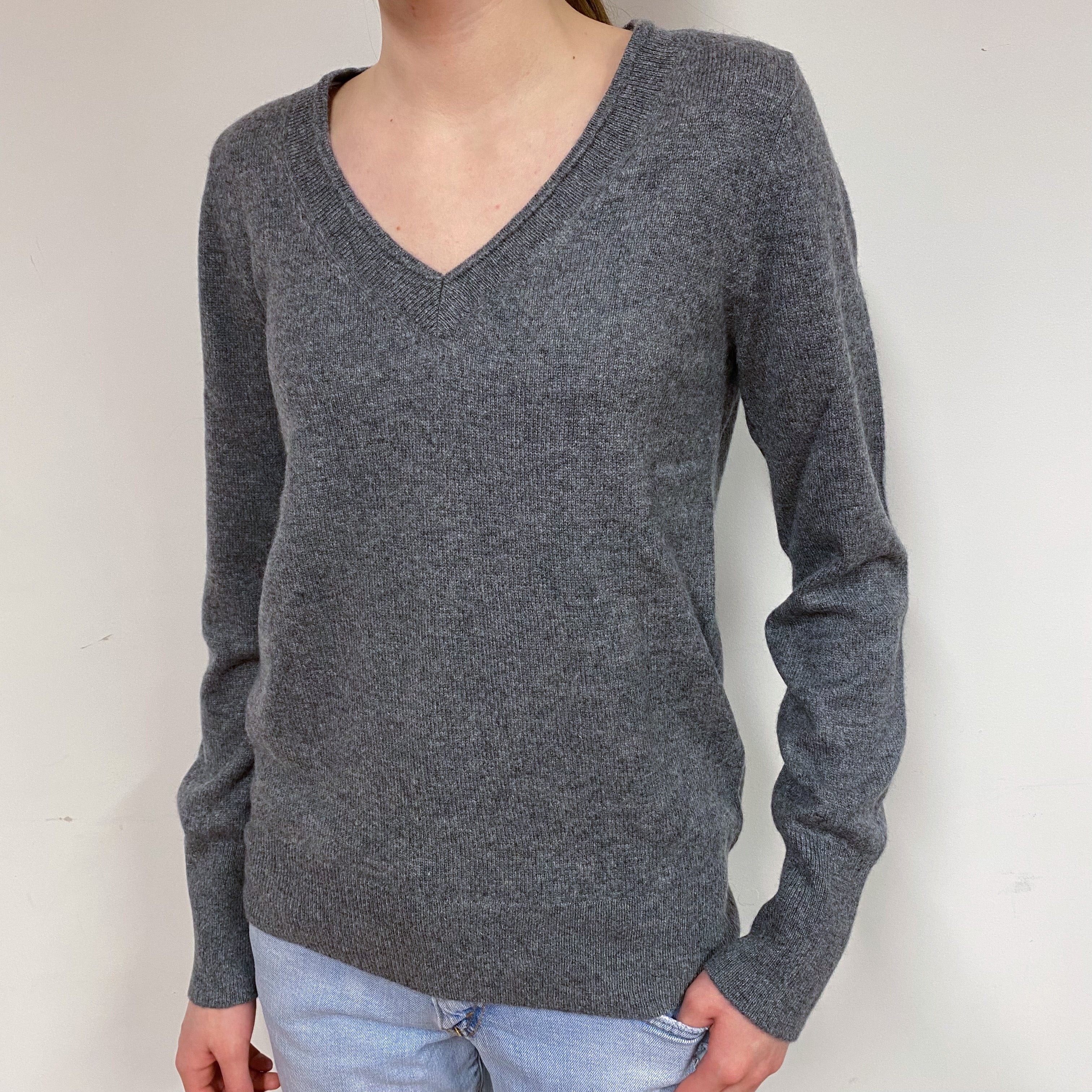 Steel Grey Cashmere V-Neck Jumper Extra Small