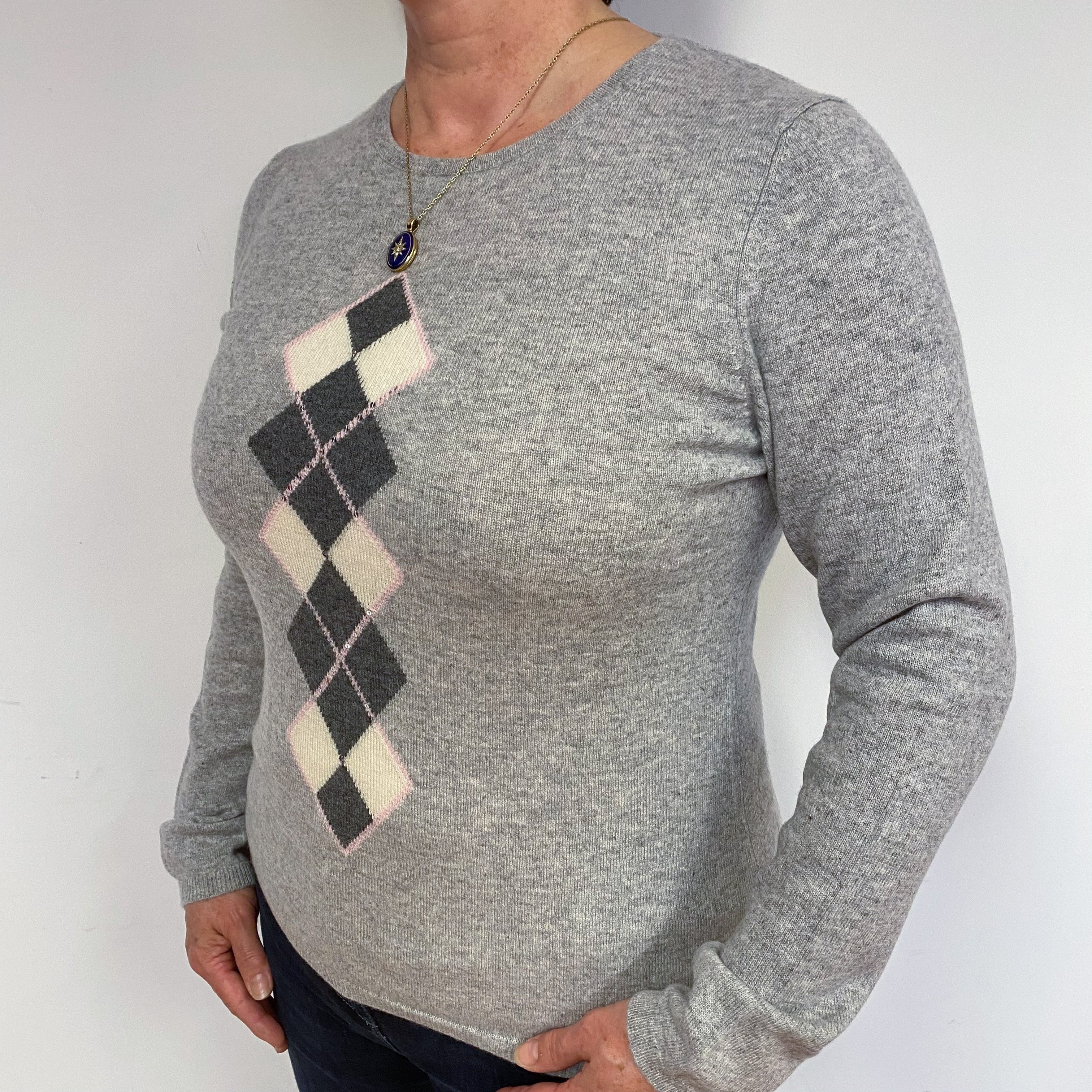 Smoke Grey Diamond Cashmere Crew Neck Jumper Large