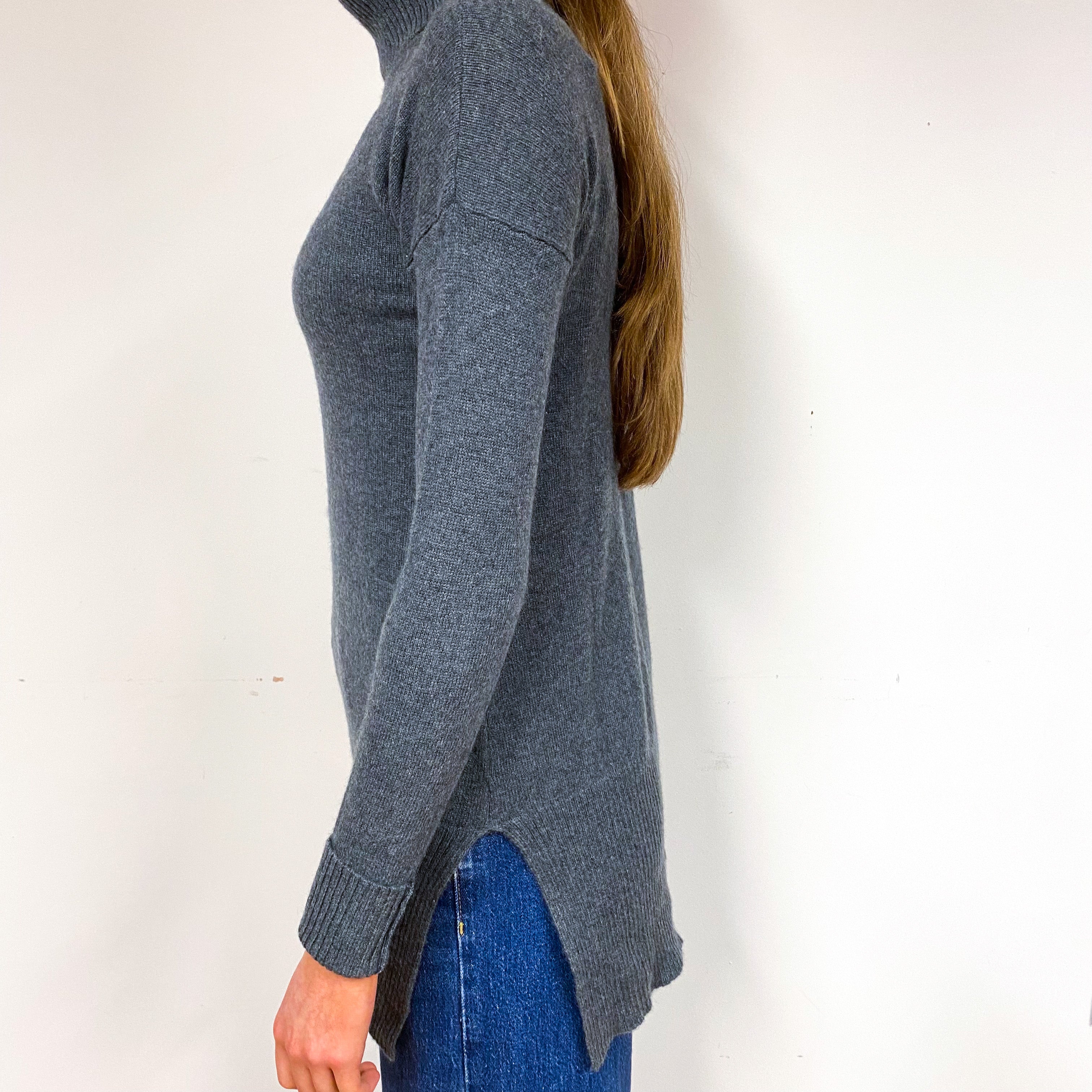 Slate Grey Longline Cashmere Polo Neck Jumper Extra Small