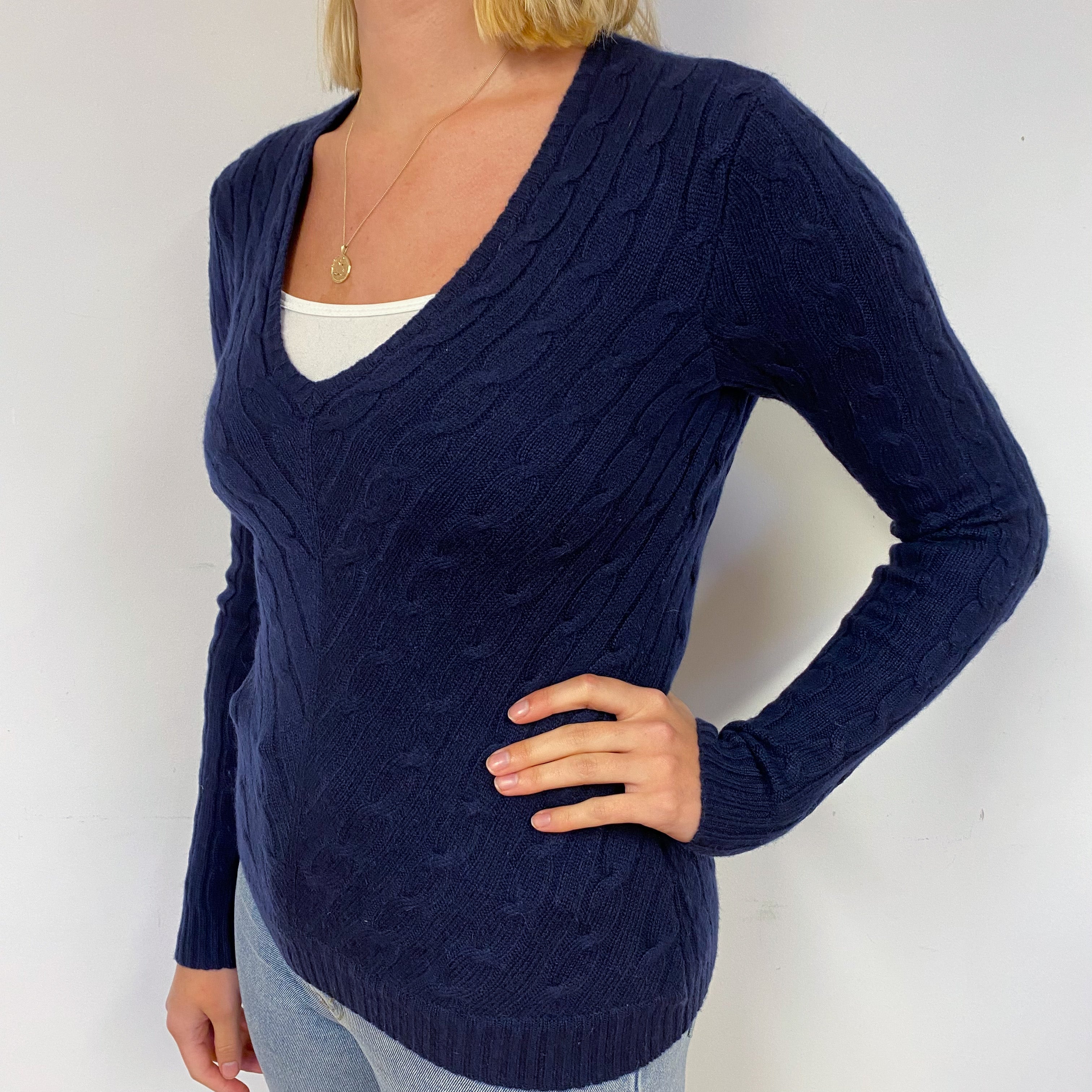 Ralph Lauren Navy Cable Cashmere V-Neck Jumper Small