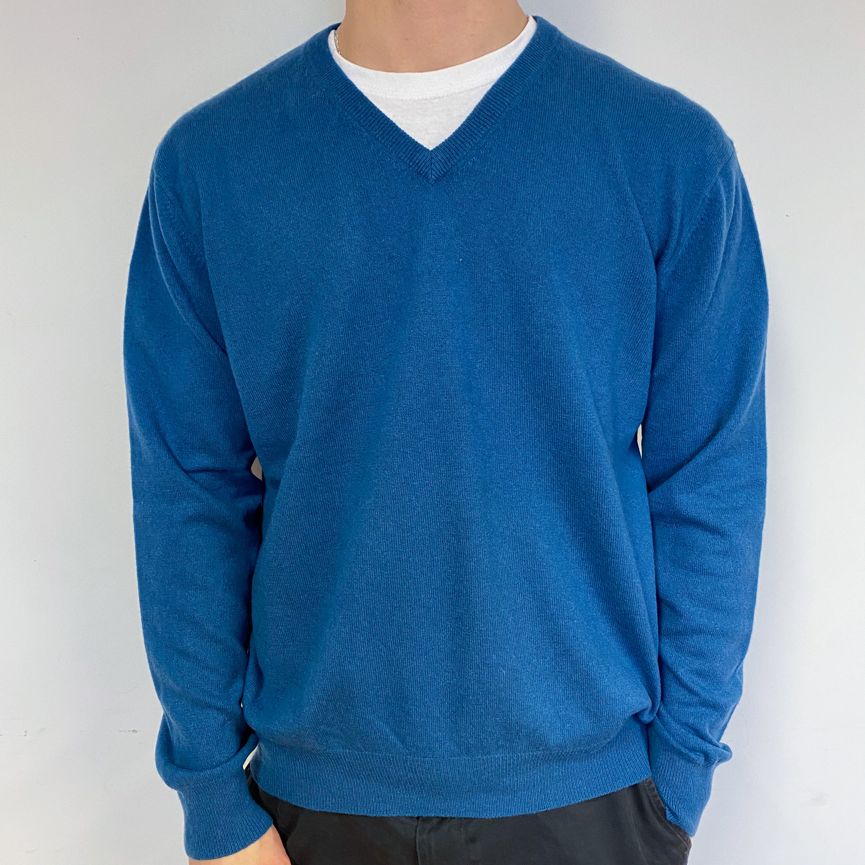 Men's Petrol Blue Cashmere V-Neck Jumper Large