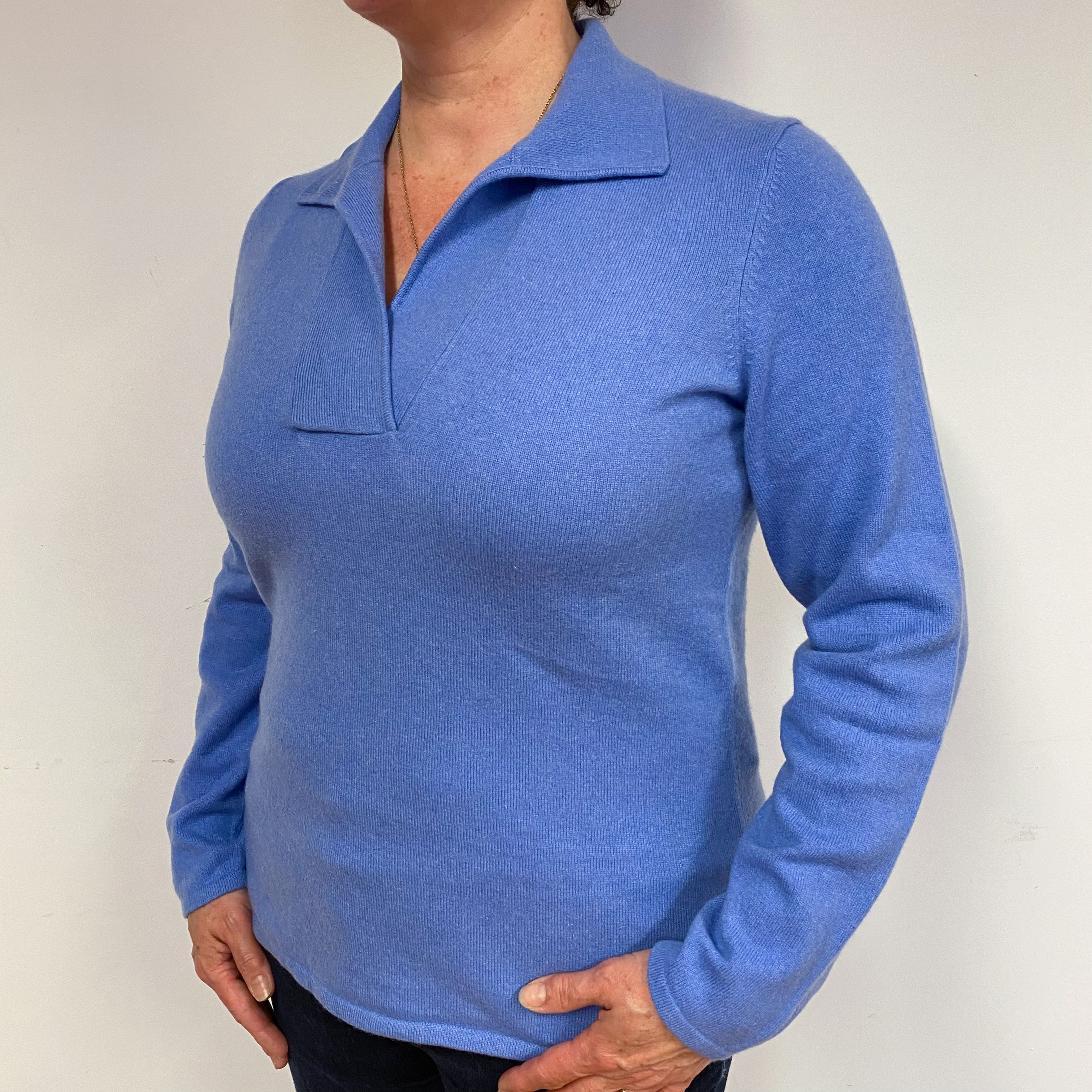 Cornflower Blue Cashmere Collared V-Neck Jumper Large