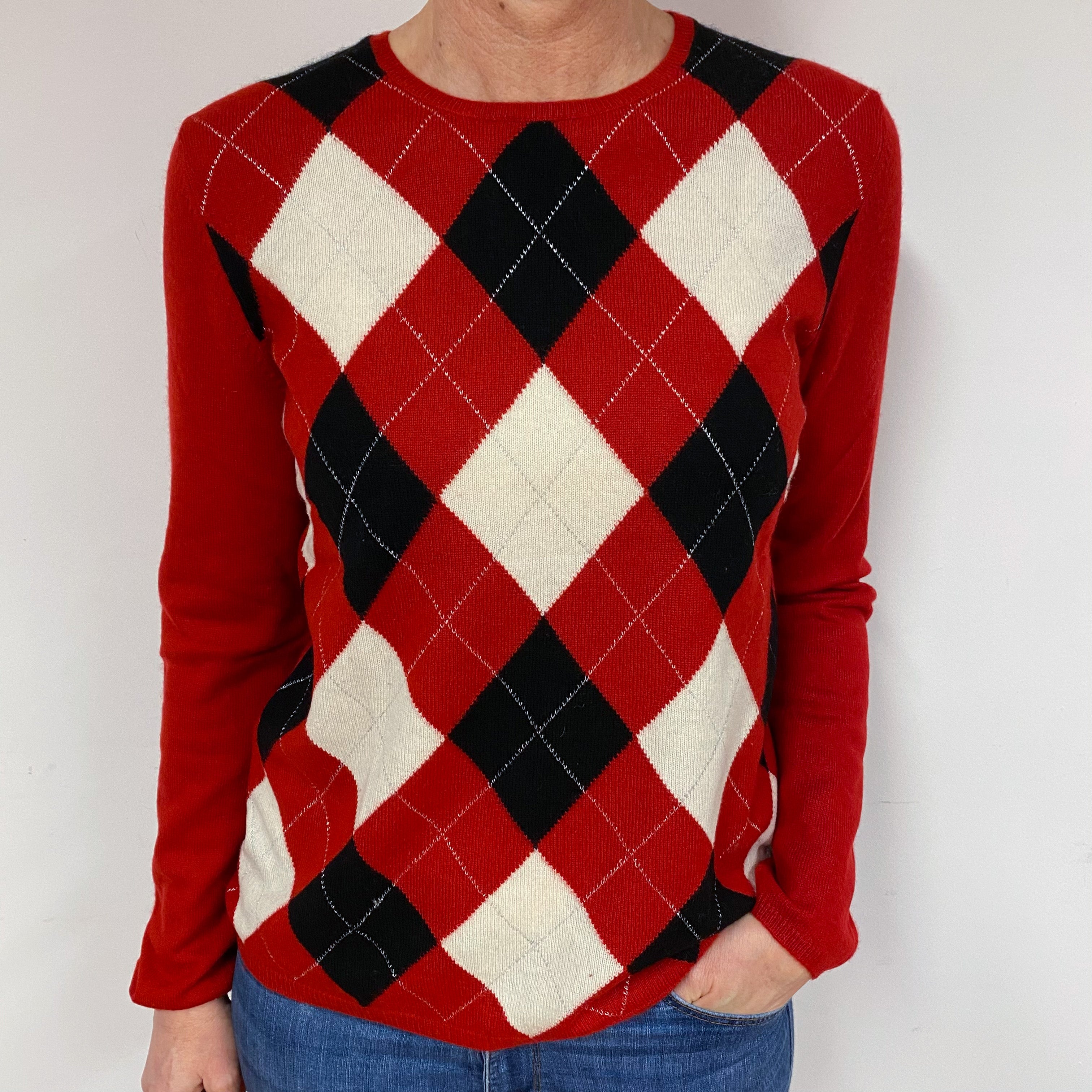 Red Argyle Cashmere Crew Neck Jumper Medium