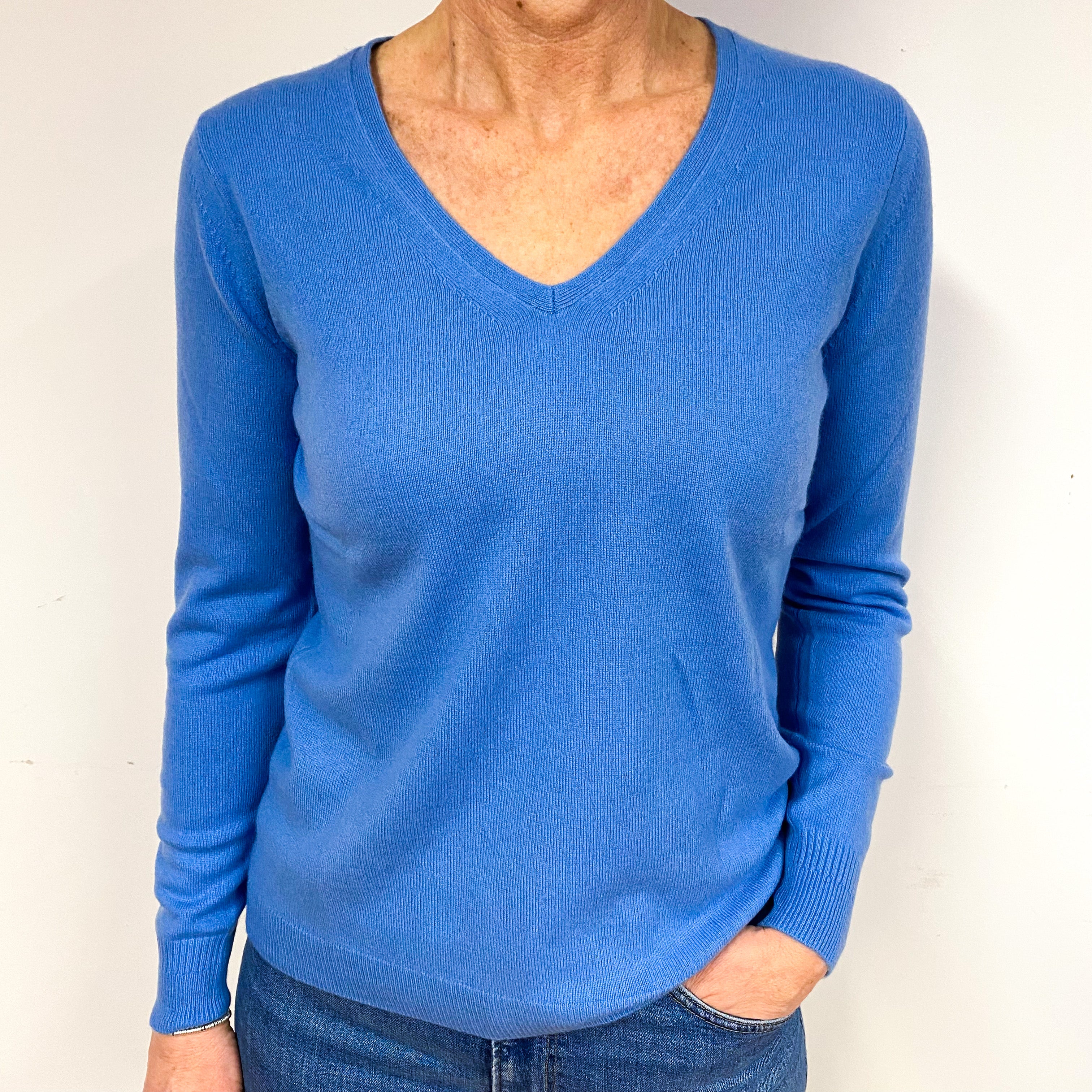 New Cornflower Blue Cashmere V-Neck Jumper Medium