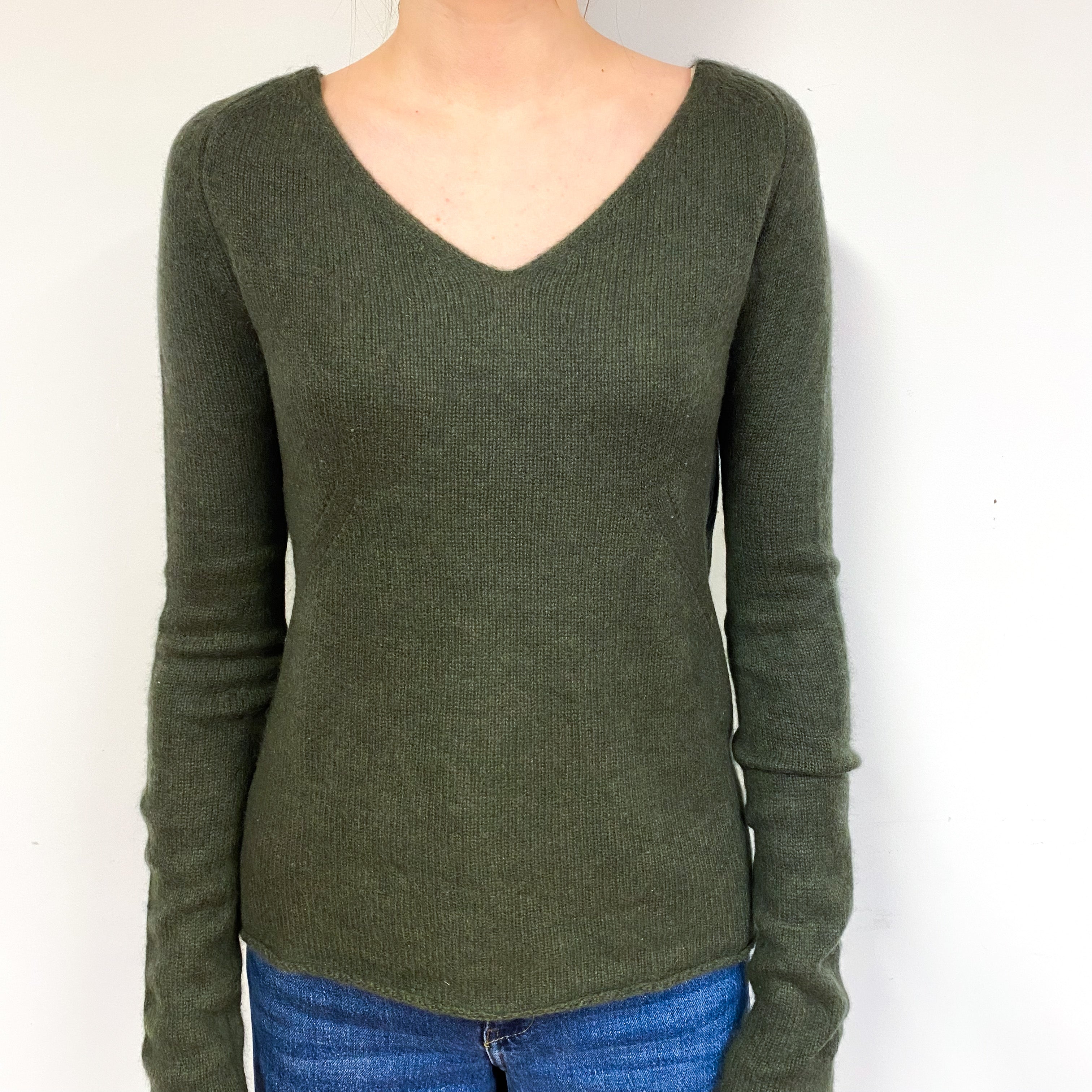 Seaweed Green Cashmere V-Neck Jumper Extra Small