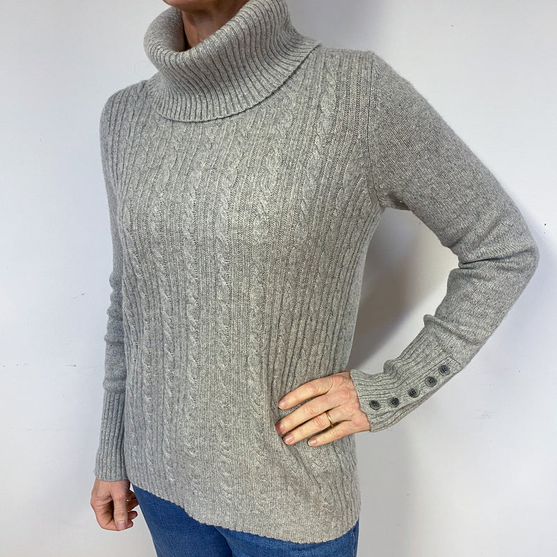 Smoke Grey Cashmere Cable Knit Polo Neck Jumper Medium