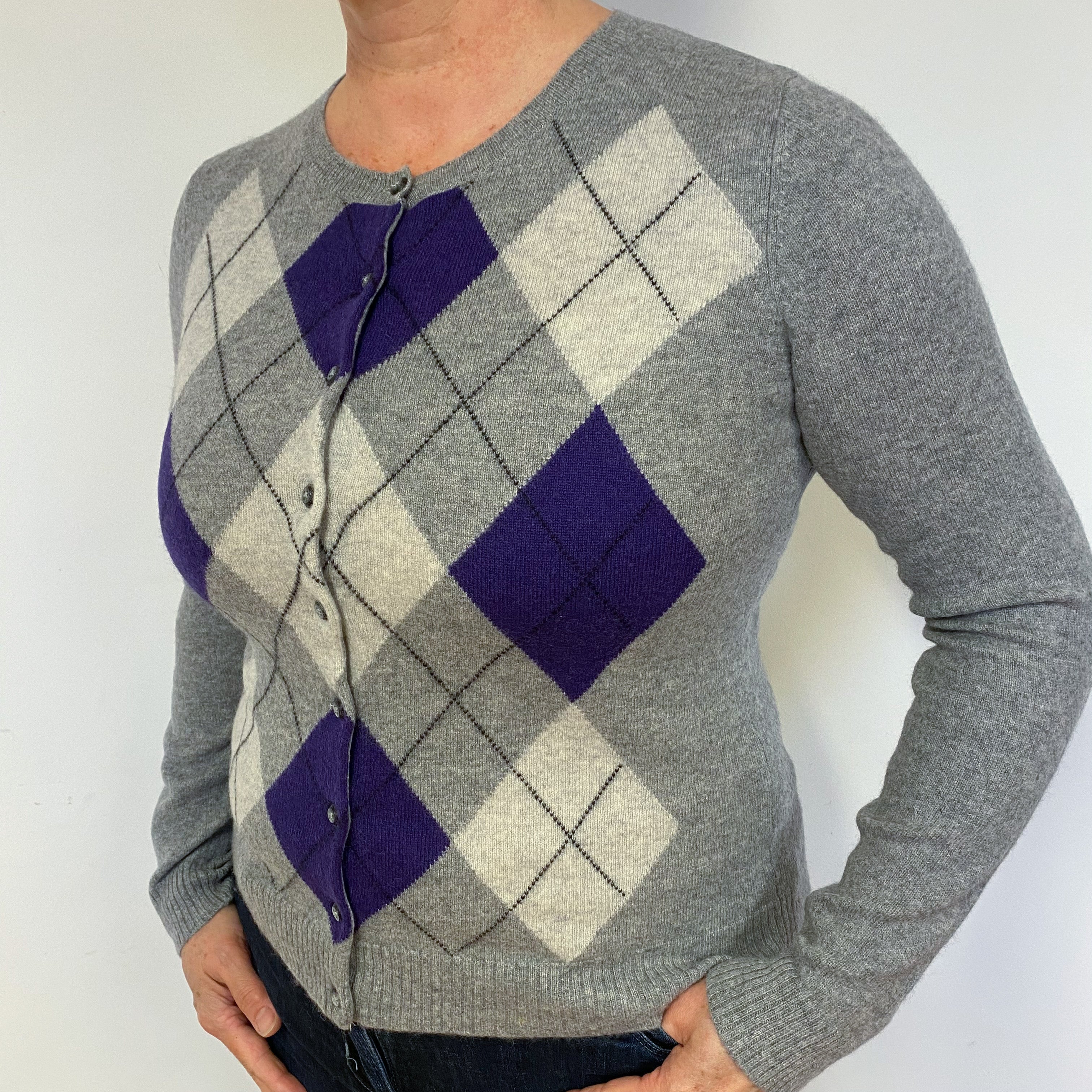 Grey Purple Argyle Cashmere Crew Neck Cardigan Large