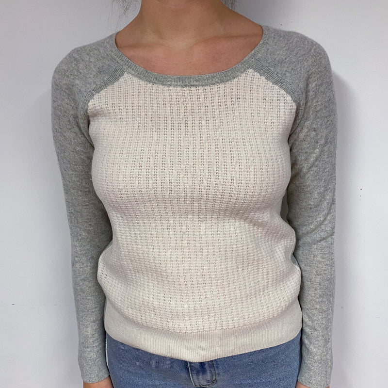 Grey and Cream Waffle Cashmere Crew Neck Jumper Small