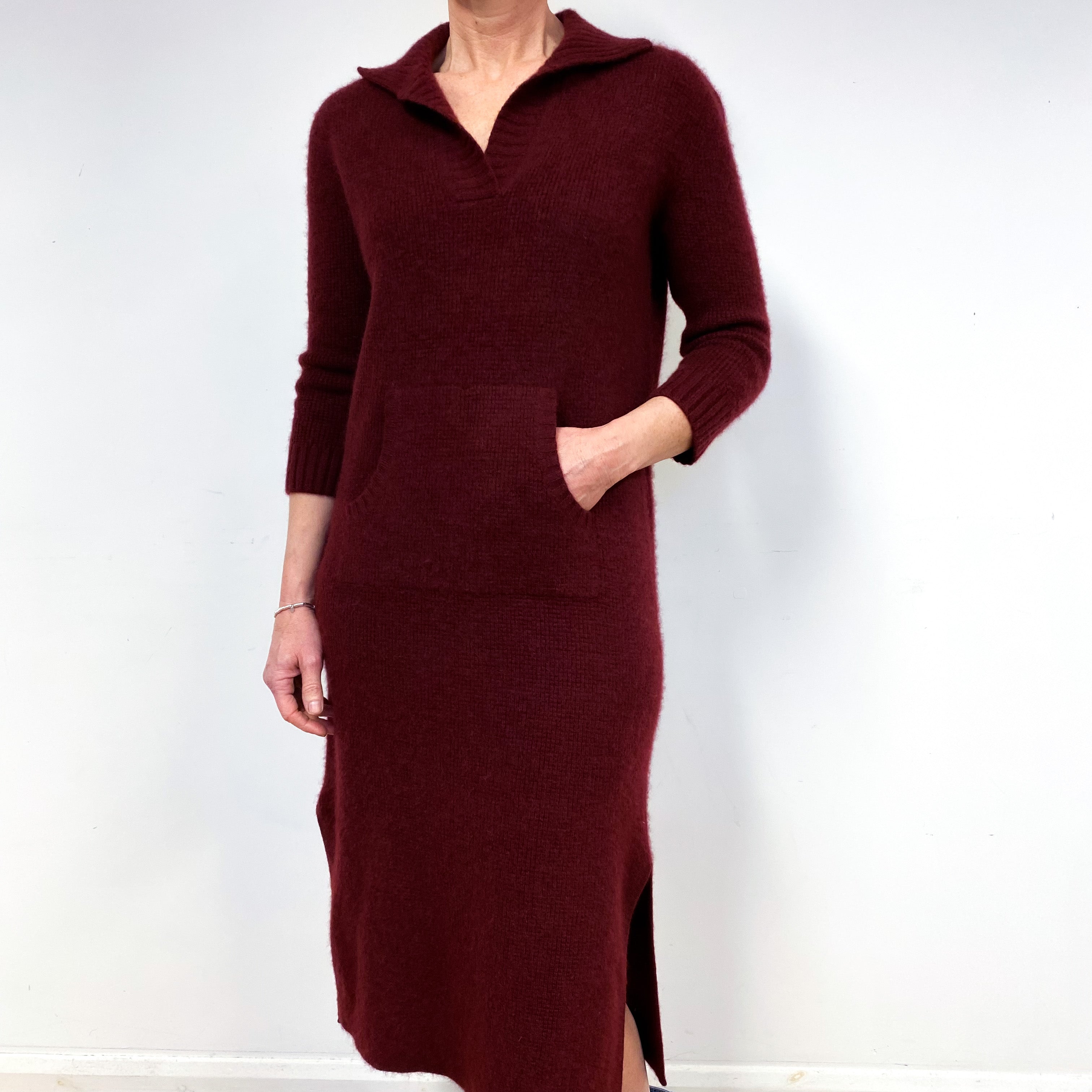 Burgundy Red Chunky Cashmere Collared Midi Dress Medium