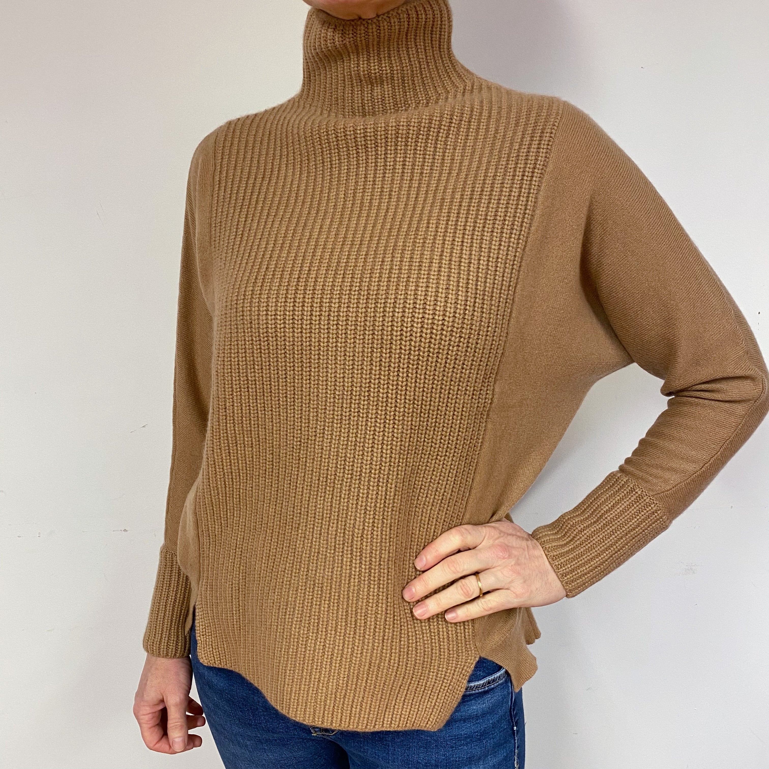 Brown Chunky Batwing Cashmere Turtle Neck Jumper Medium