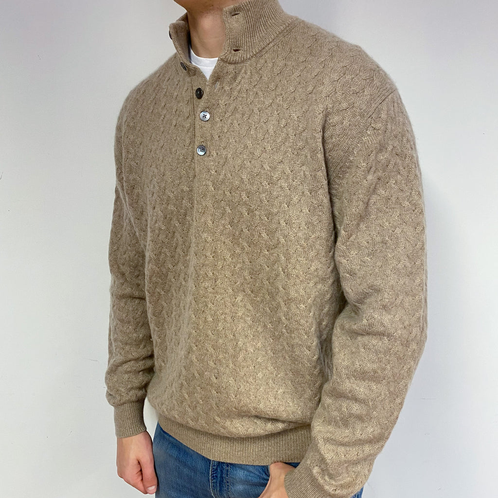 Men's Taupe Luxury Cable Cashmere Button Neck Jumper XL