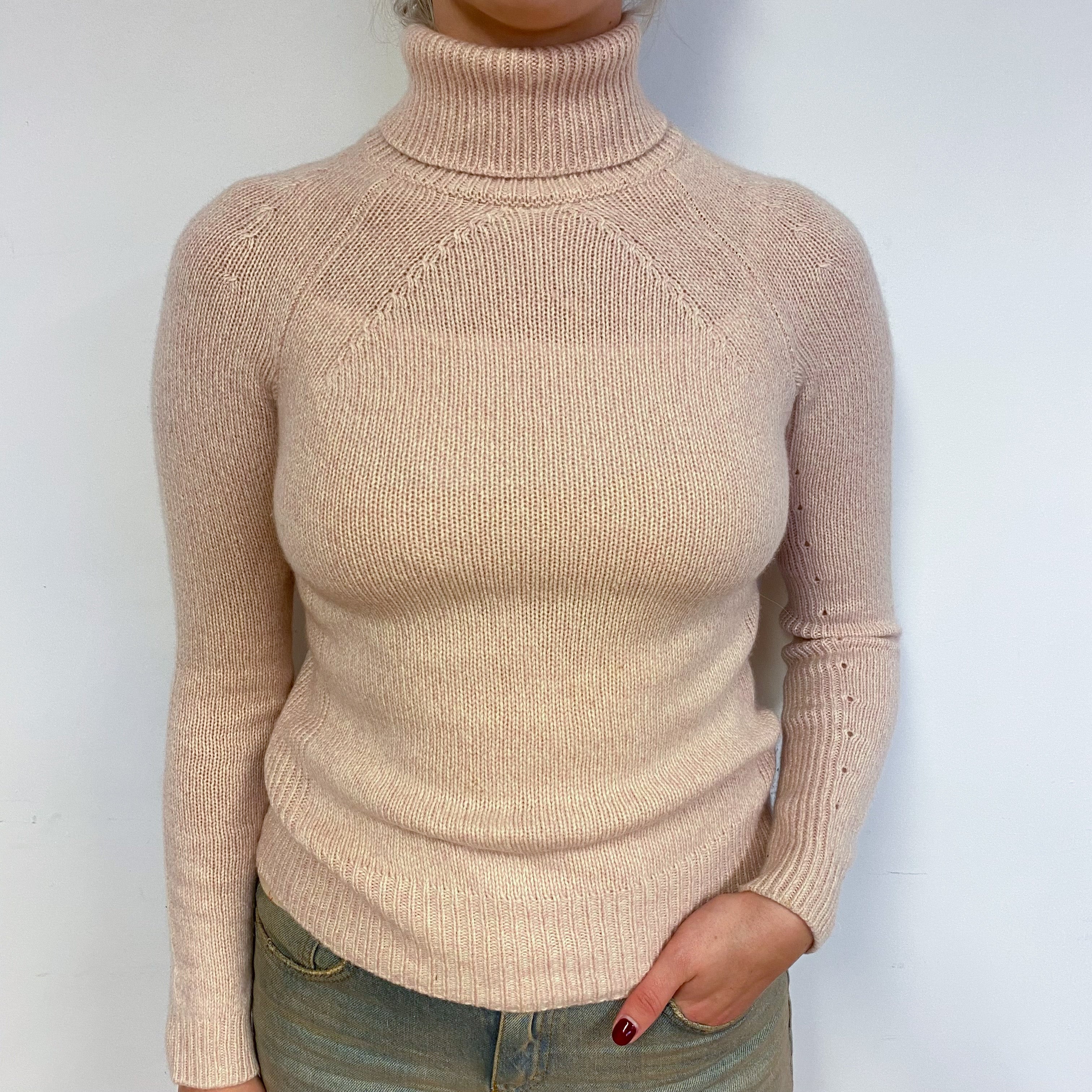 Shell Pink Heavy Knit Cashmere Polo Neck Jumper Small