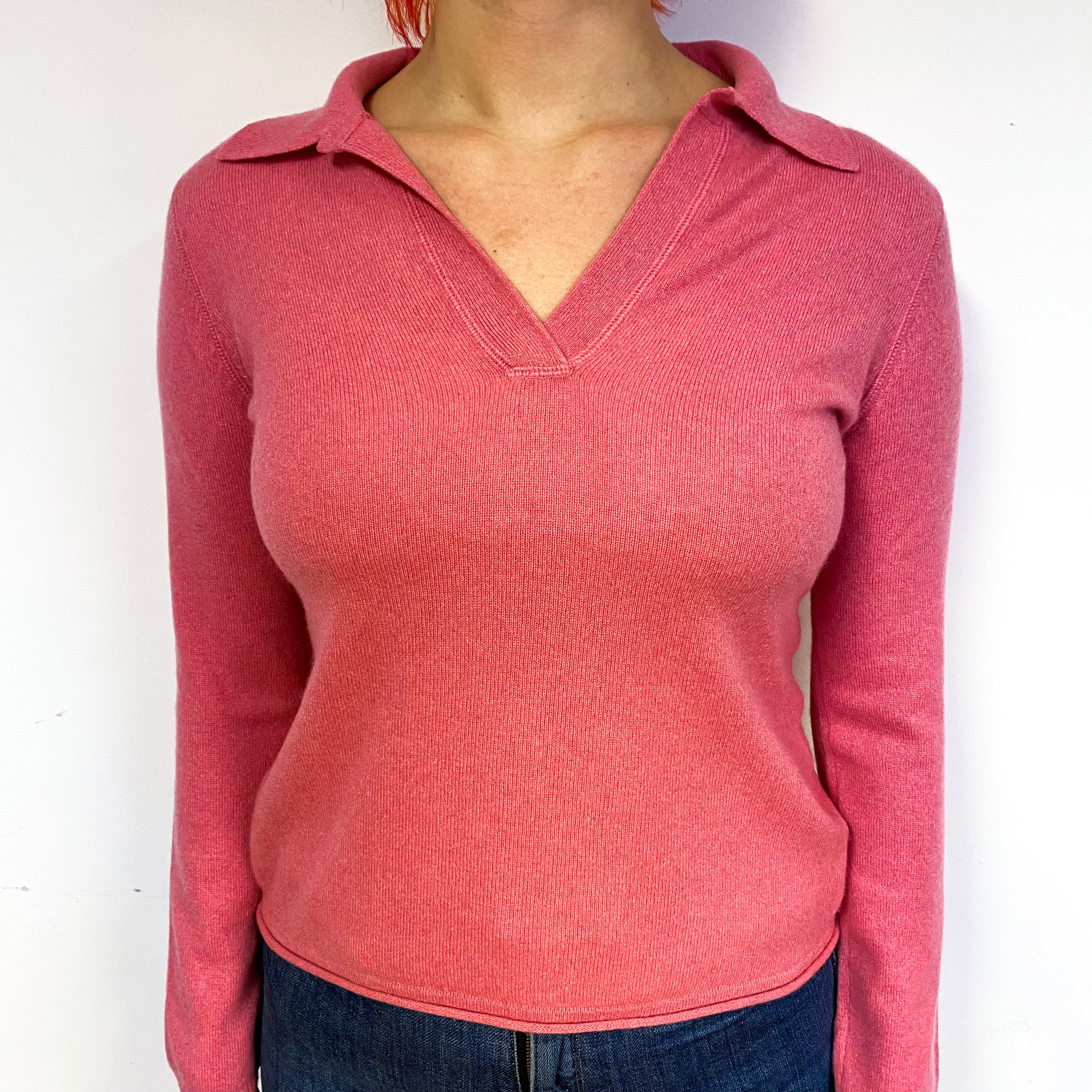 Deep Blush Pink Cashmere Collared V-Neck Jumper Small