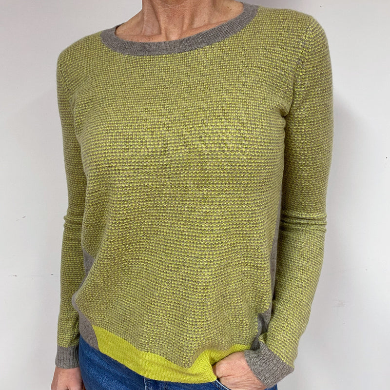 Green and Taupe Waffle Cashmere Crew Neck Jumper Medium