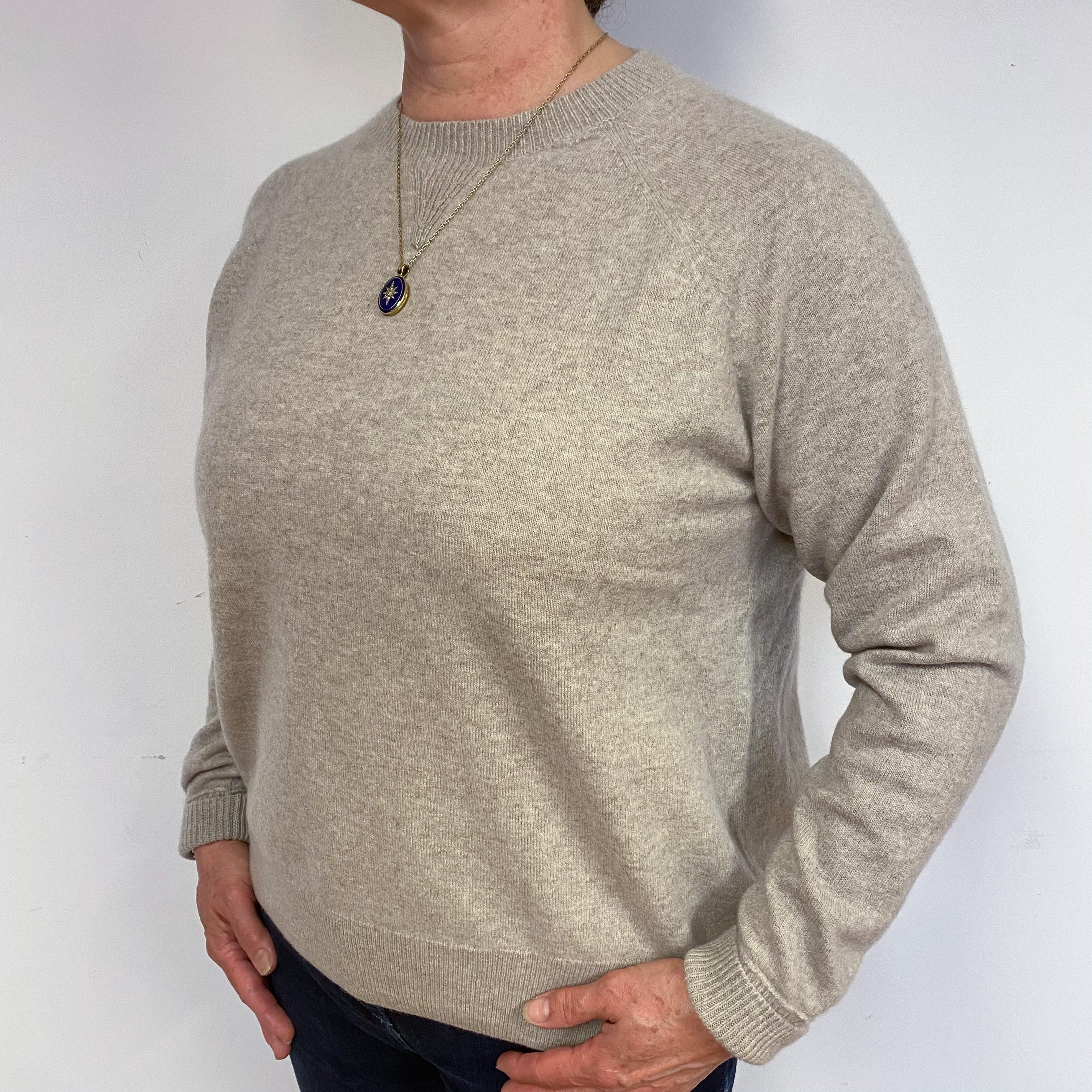 Fawn Beige Cashmere Crew Neck Jumper Large