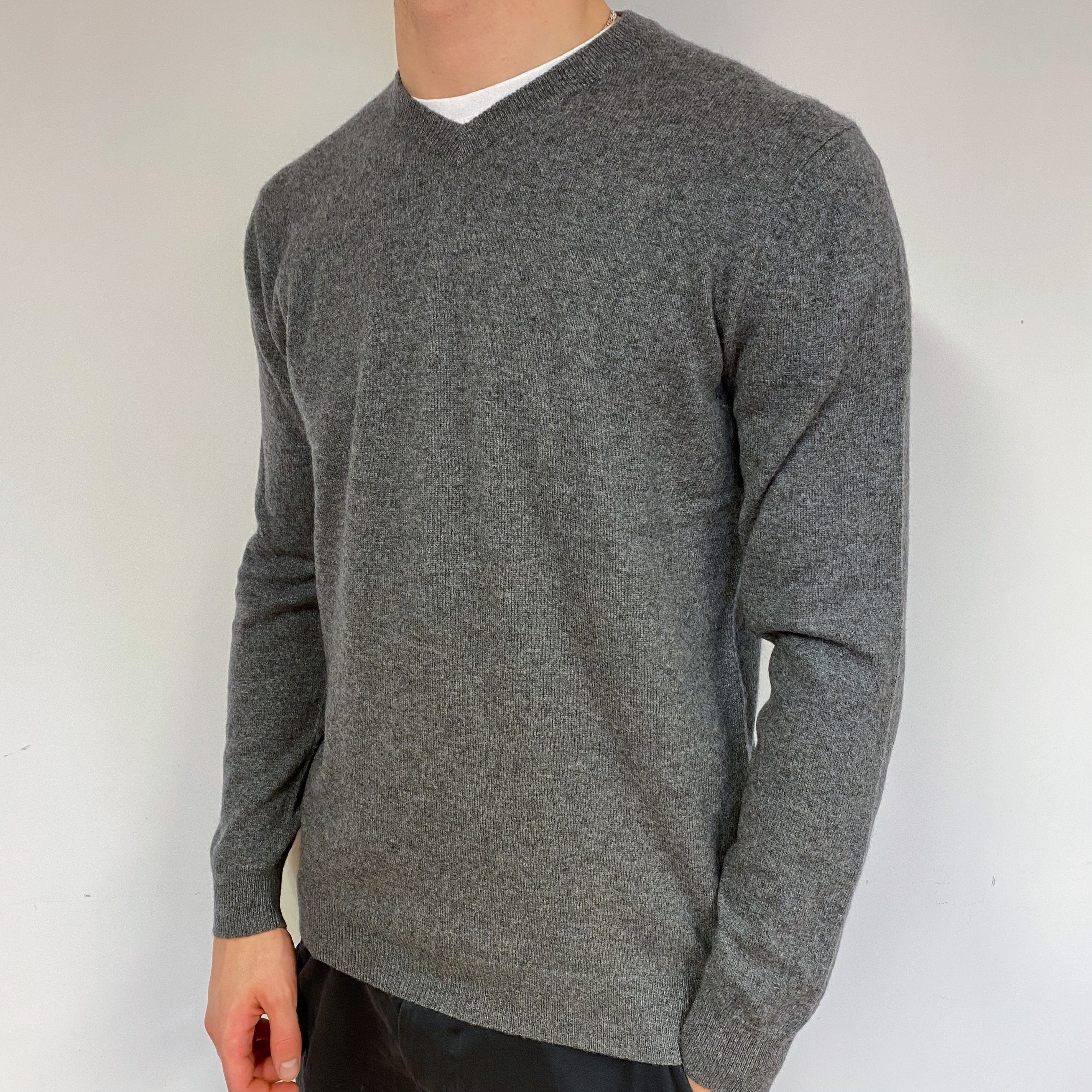 Men's Slate Grey Cashmere V-Neck Jumper Medium