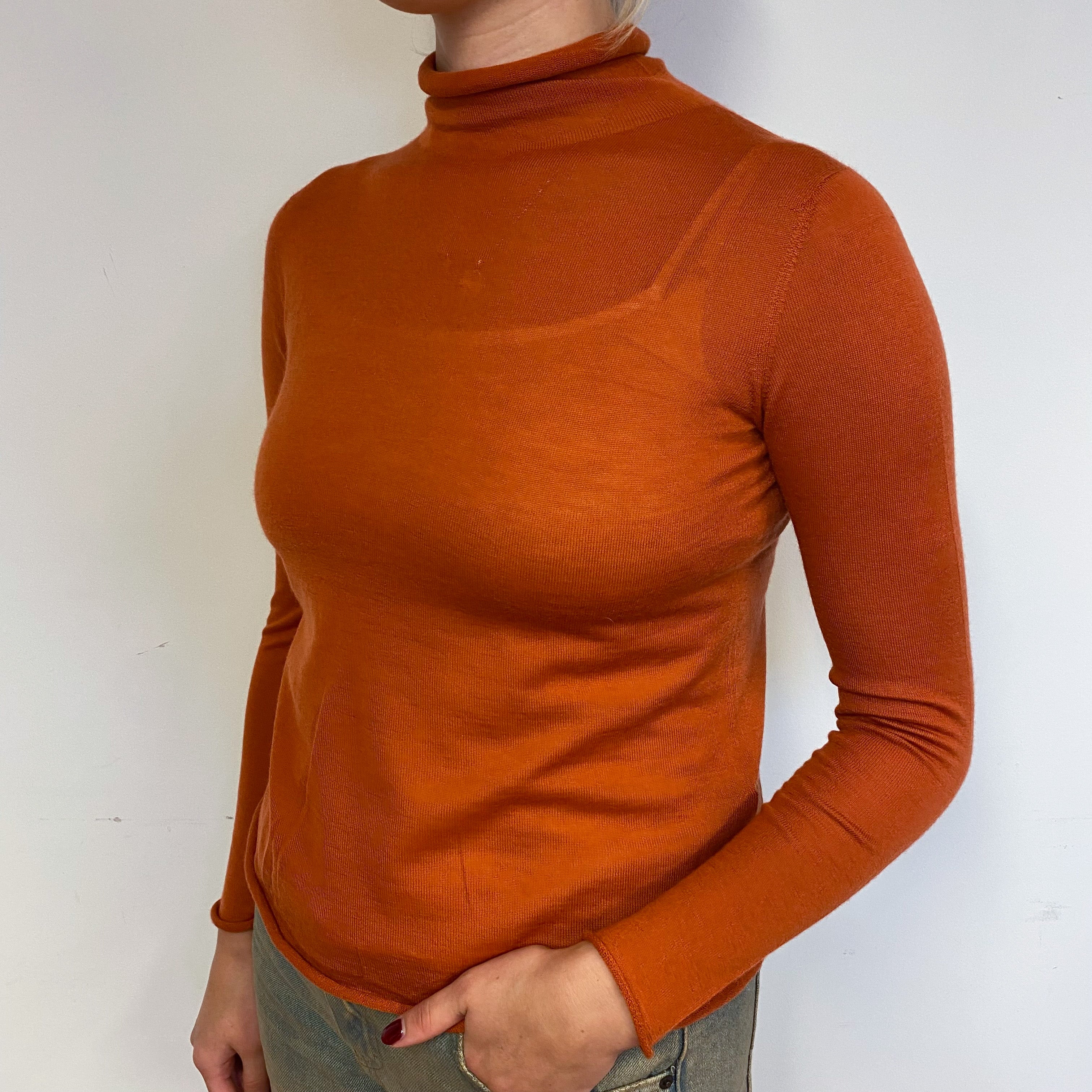 Orange Fine Knit Cashmere Turtle Neck Jumper Small