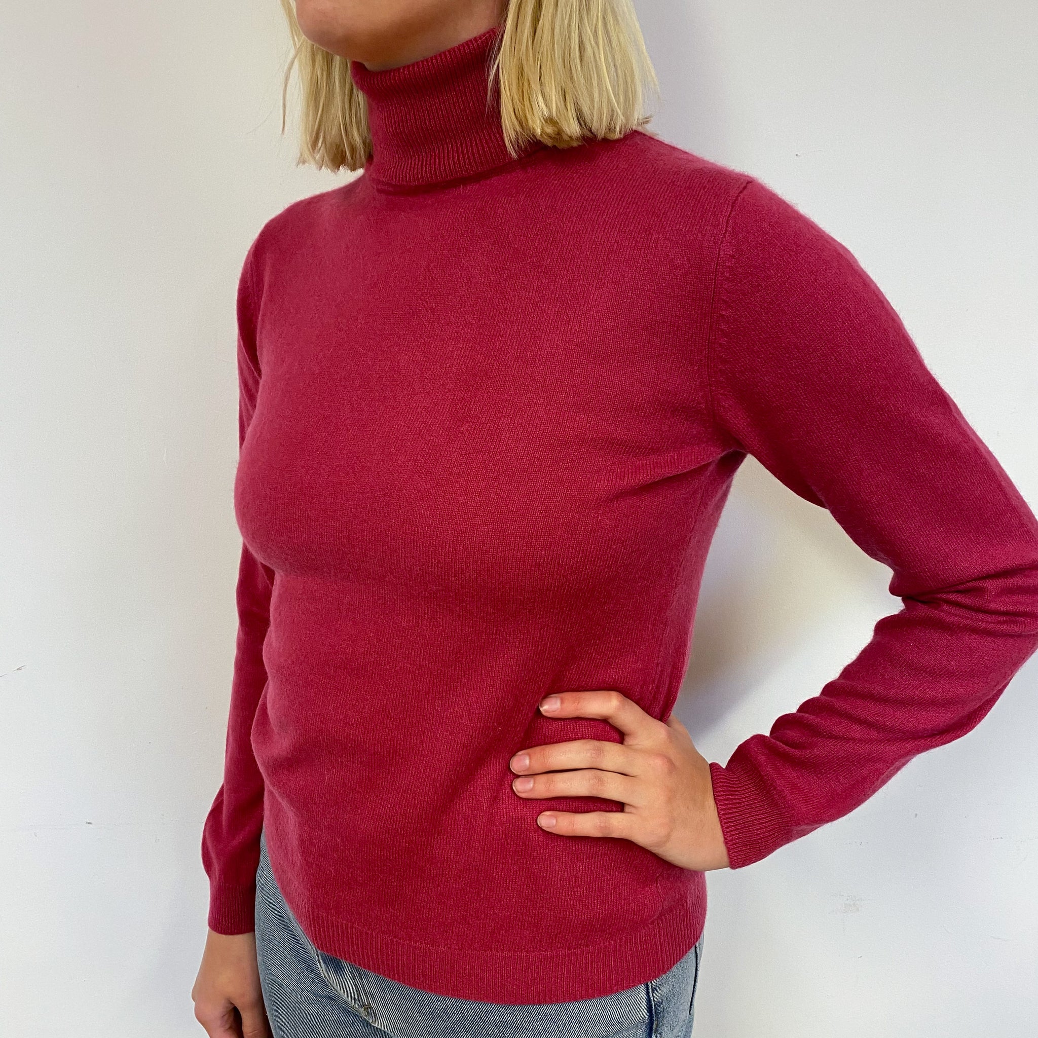 Raspberry Red Cashmere Polo Neck Jumper Small