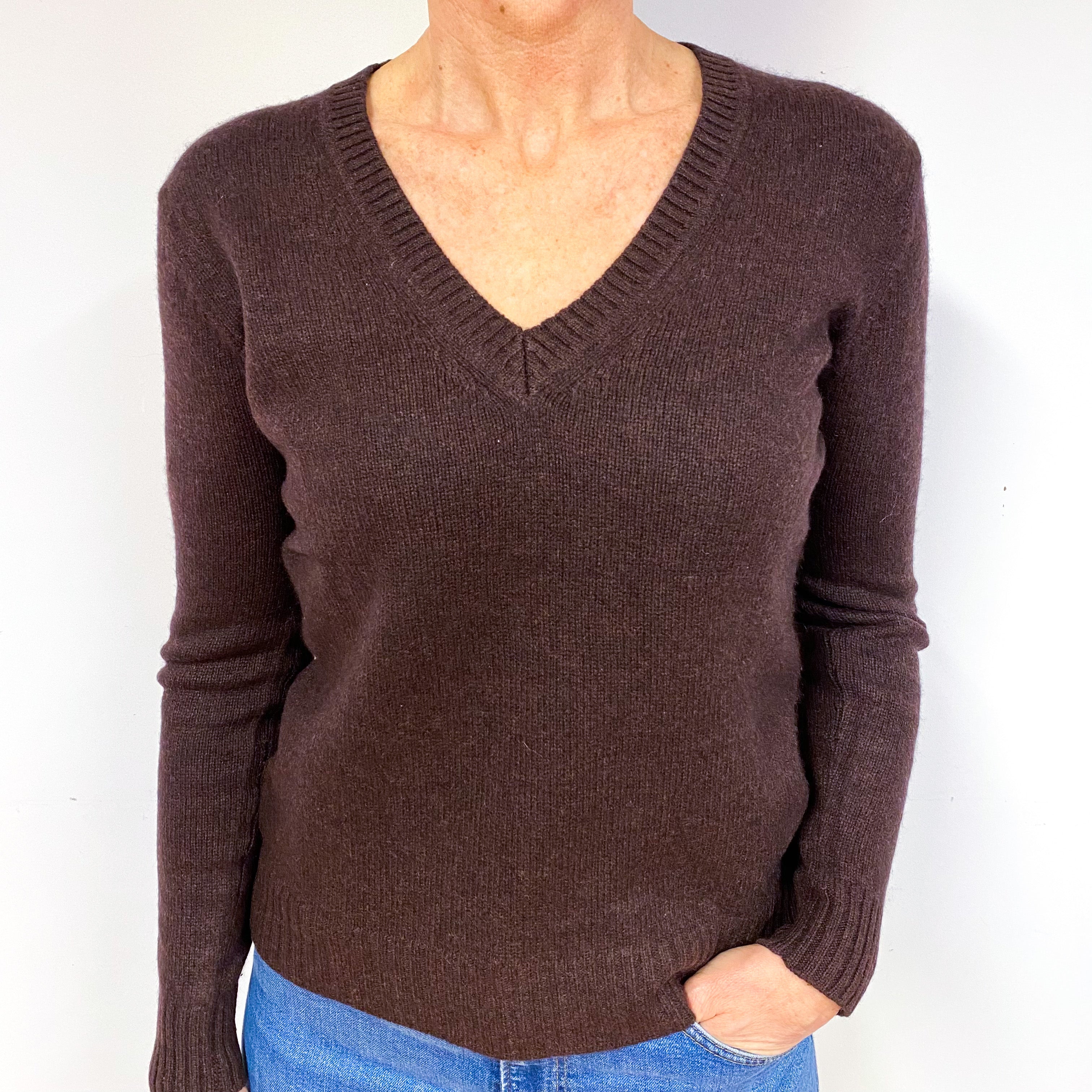 Chocolate Brown Cashmere V-Neck Jumper Medium