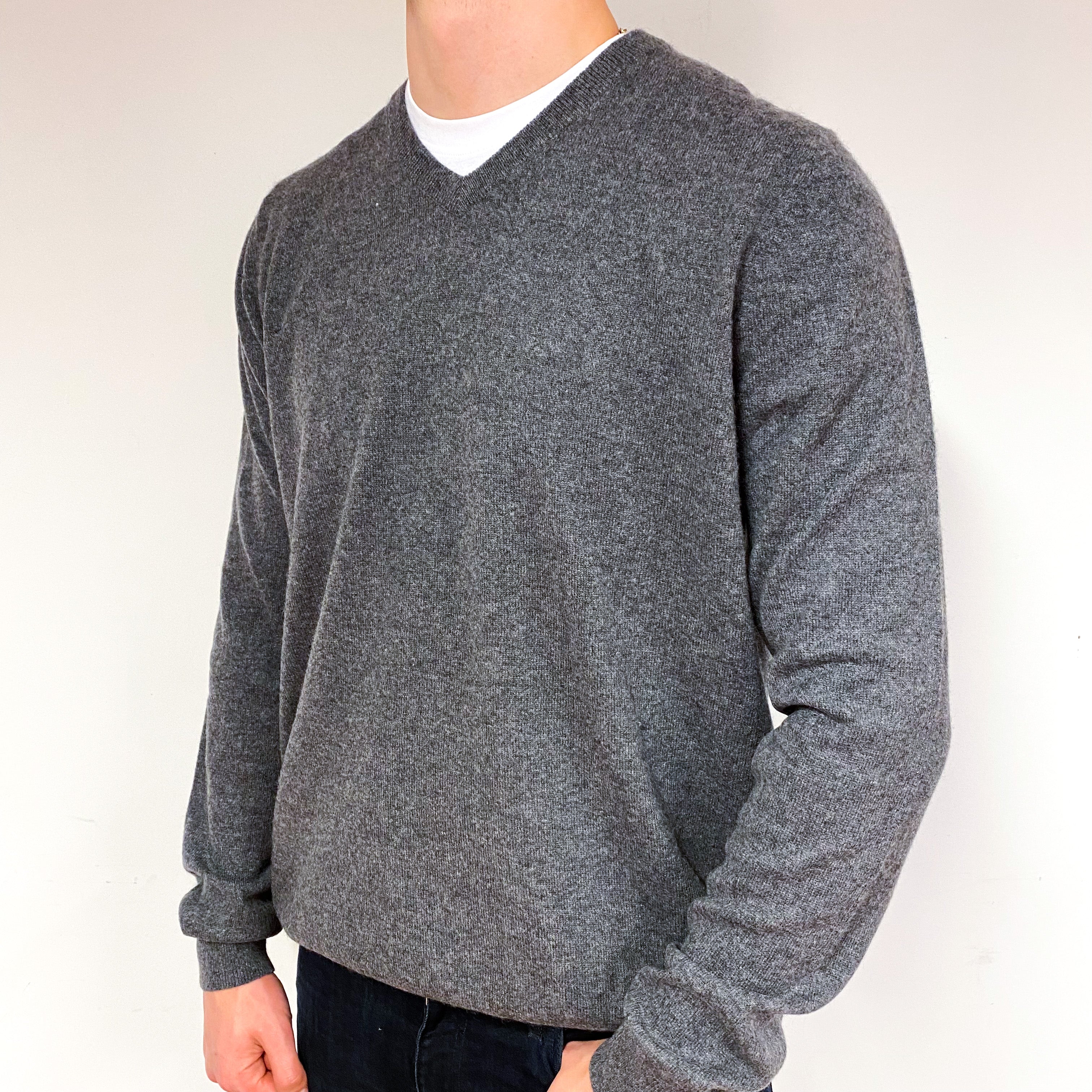 Men's Slate Grey Cashmere V-Neck Jumper Extra Large