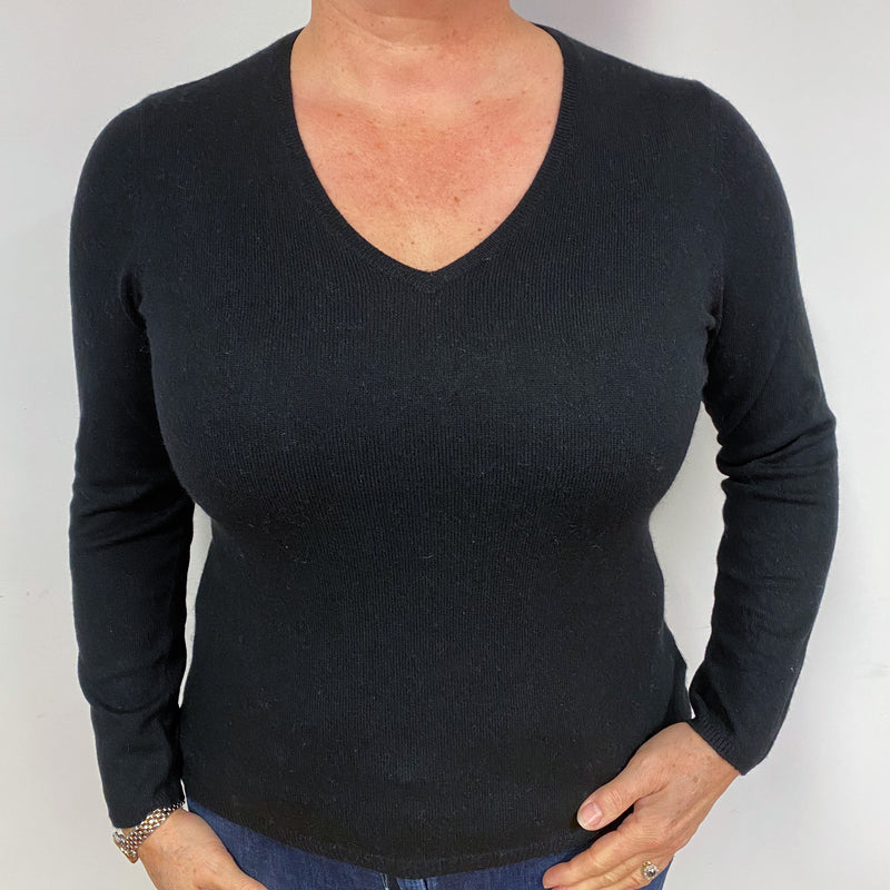 Black Cashmere V-Neck Jumper Large Slim