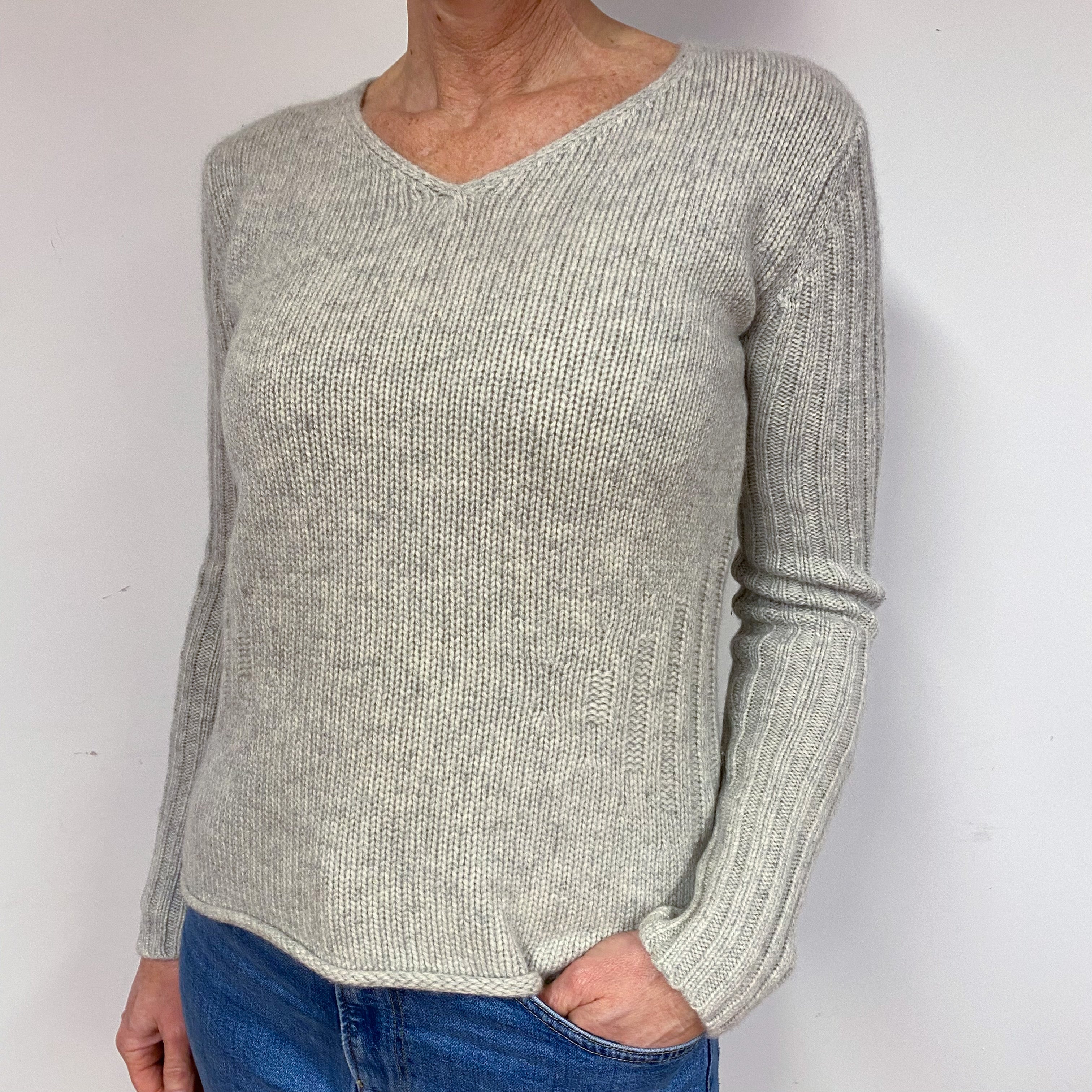 Mist Grey Chunky Cashmere V-Neck Jumper Medium