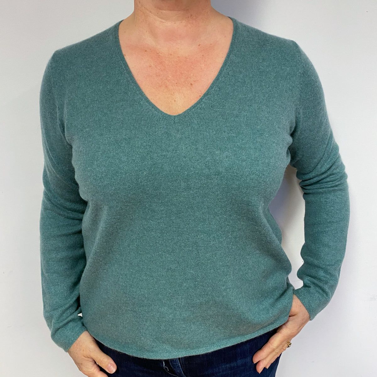 Ocean Green Cashmere V-Neck Jumper Large