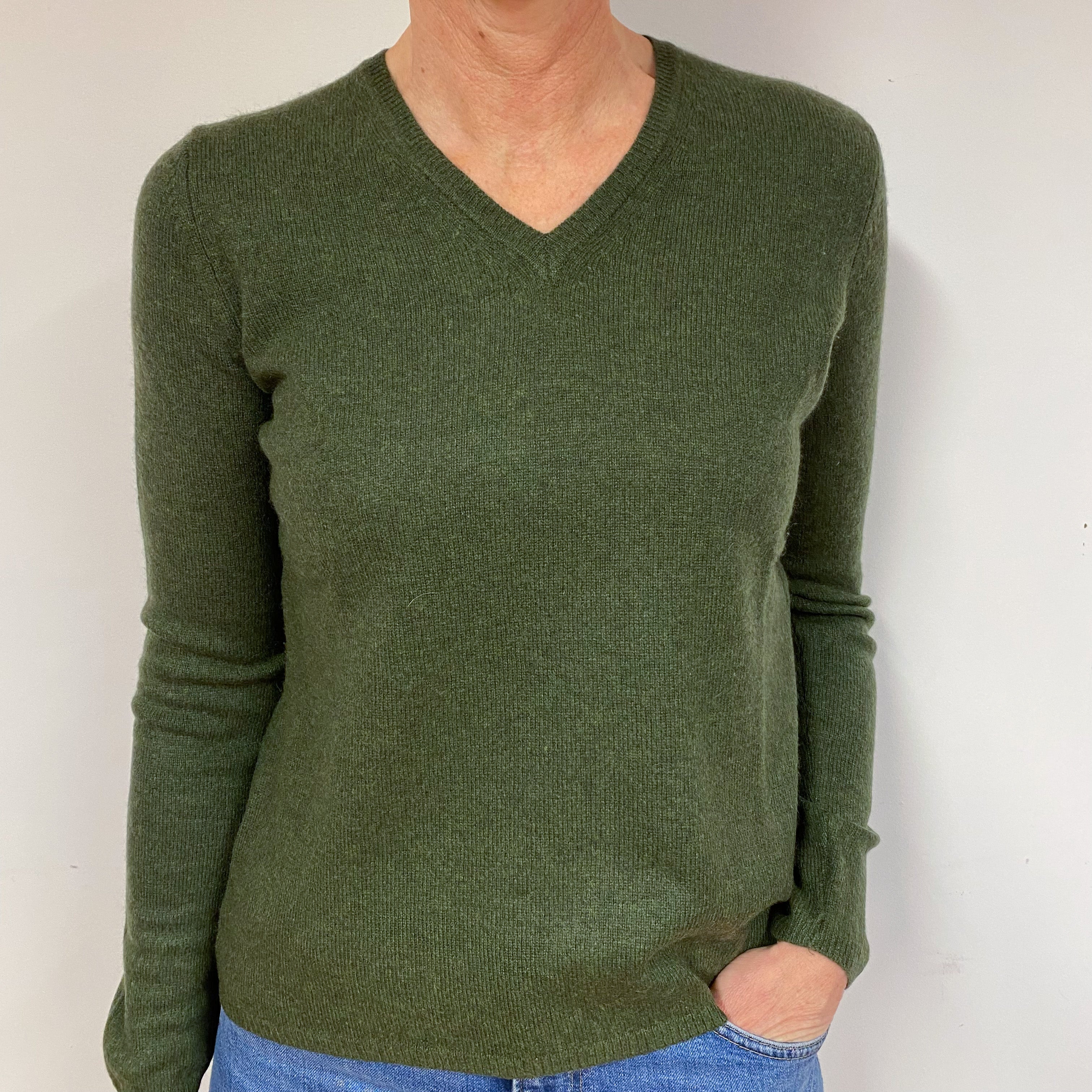 Seaweed Green Cashmere V-Neck Jumper Medium