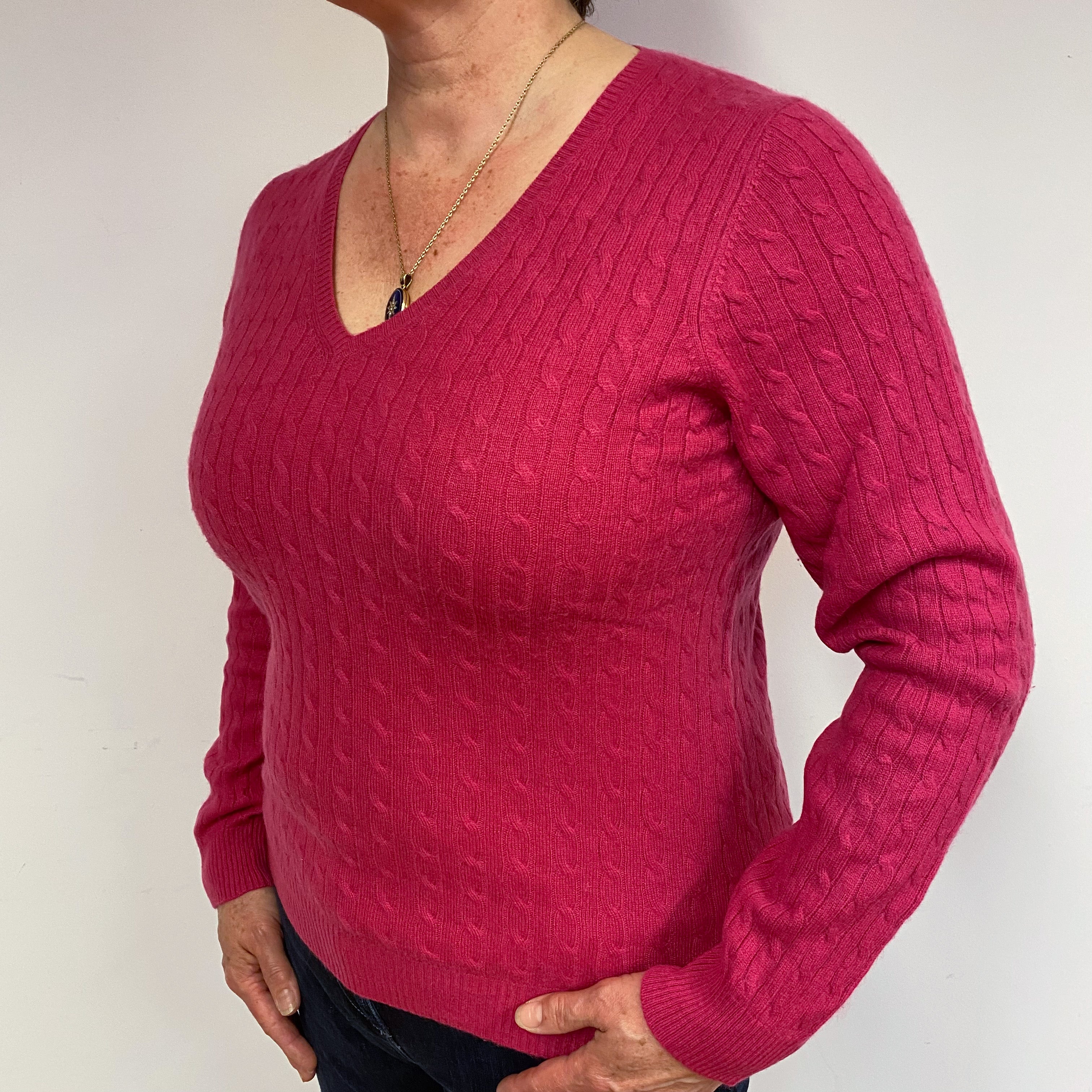 Fuchsia Pink Cable Cashmere V-Neck Jumper Large