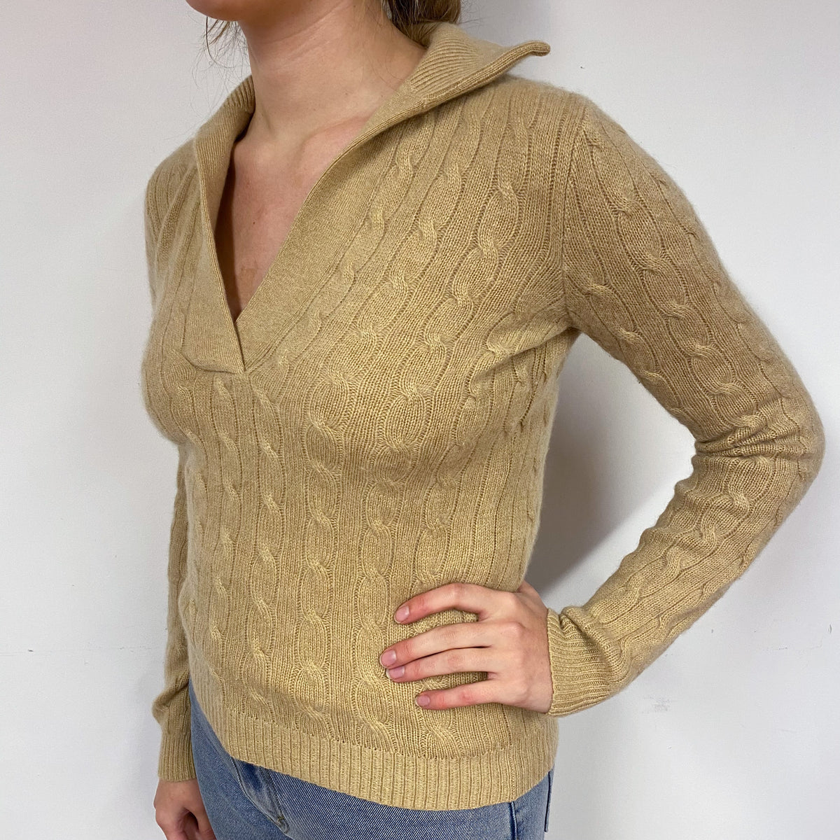 Ralph Lauren Caramel Cable Cashmere V-Neck Jumper Small