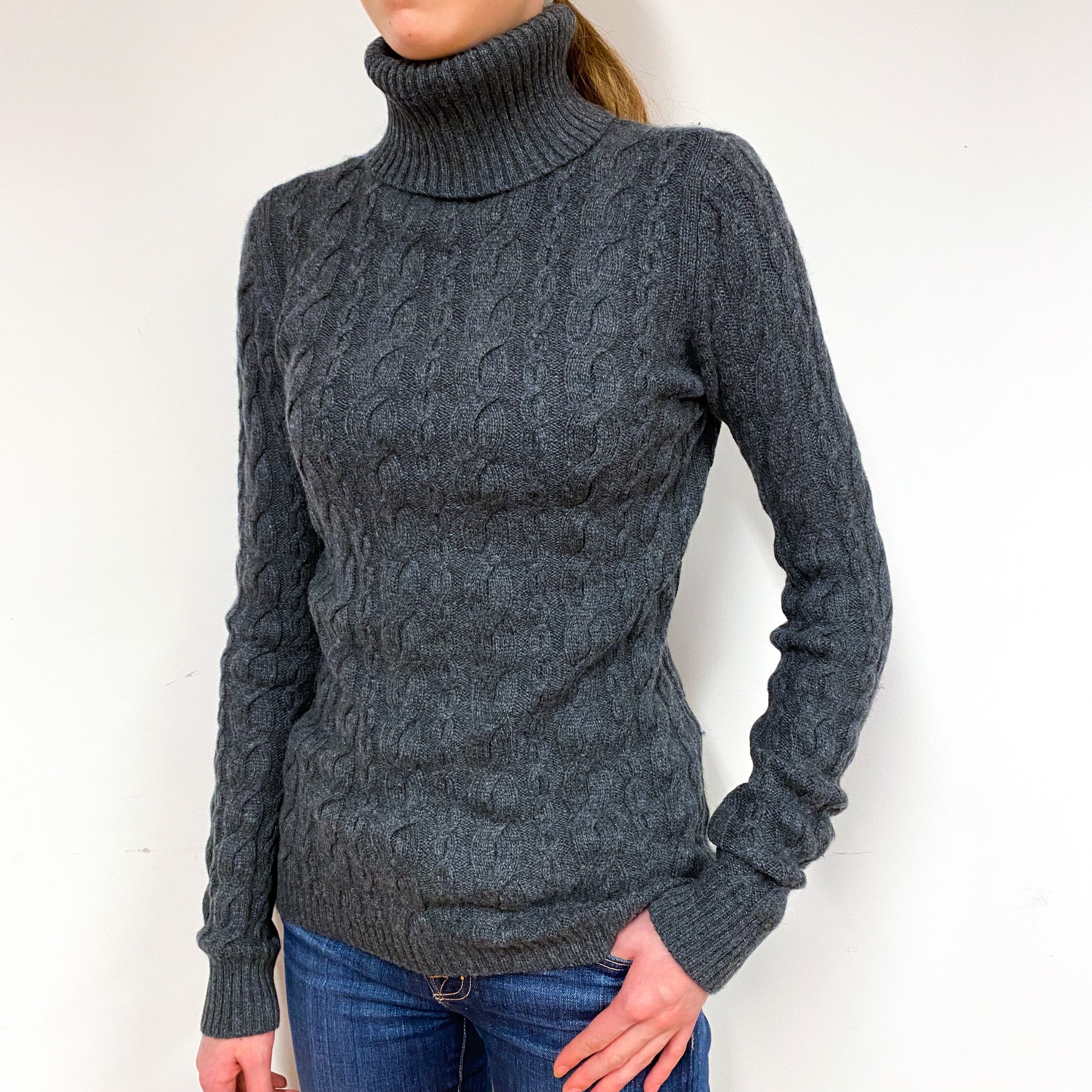 Slate Grey Cable Cashmere Polo Neck Jumper Extra Small