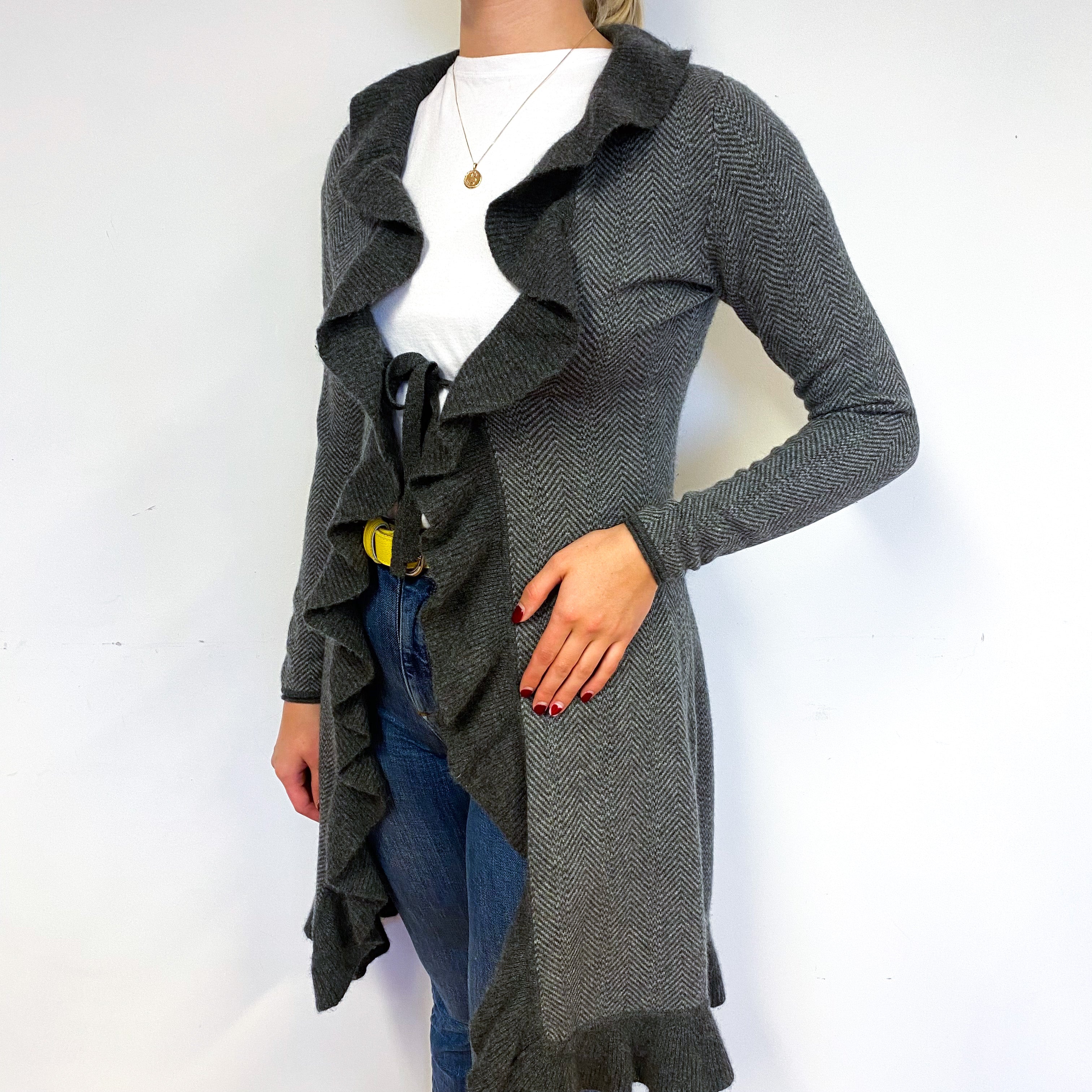 Slate Grey Ruffle Edged Cashmere Cardigan Small