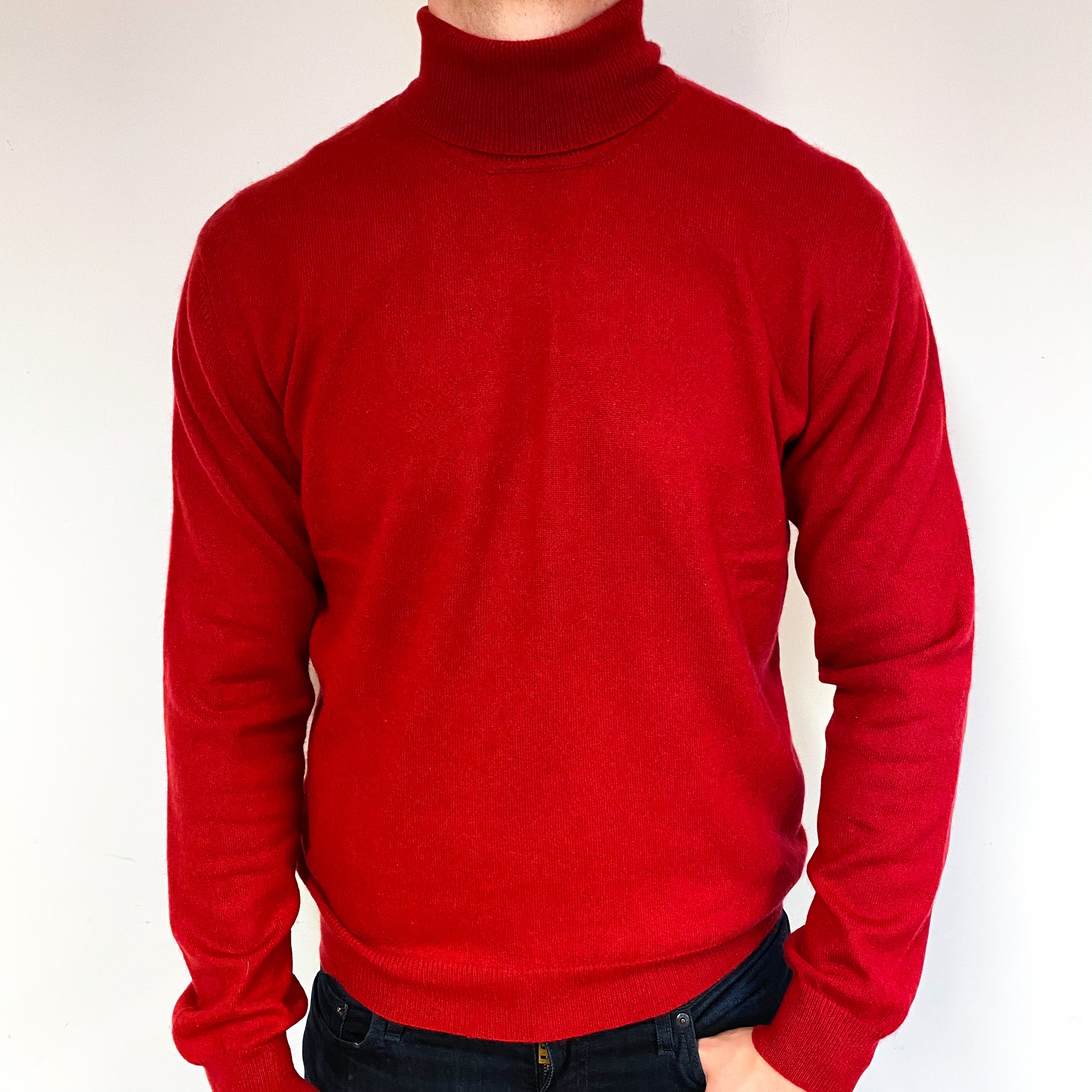 Men's Post Box Red Cashmere Polo Neck Jumper Extra Large