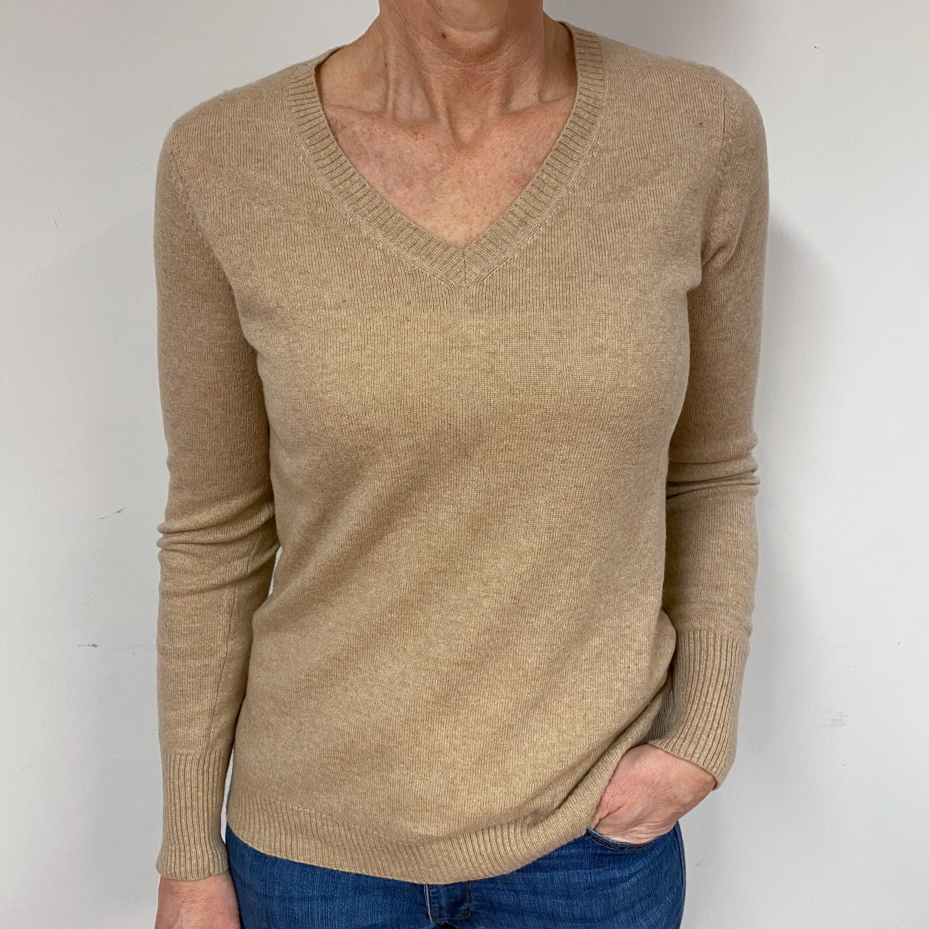 Sand Beige Cashmere V-Neck Jumper Medium