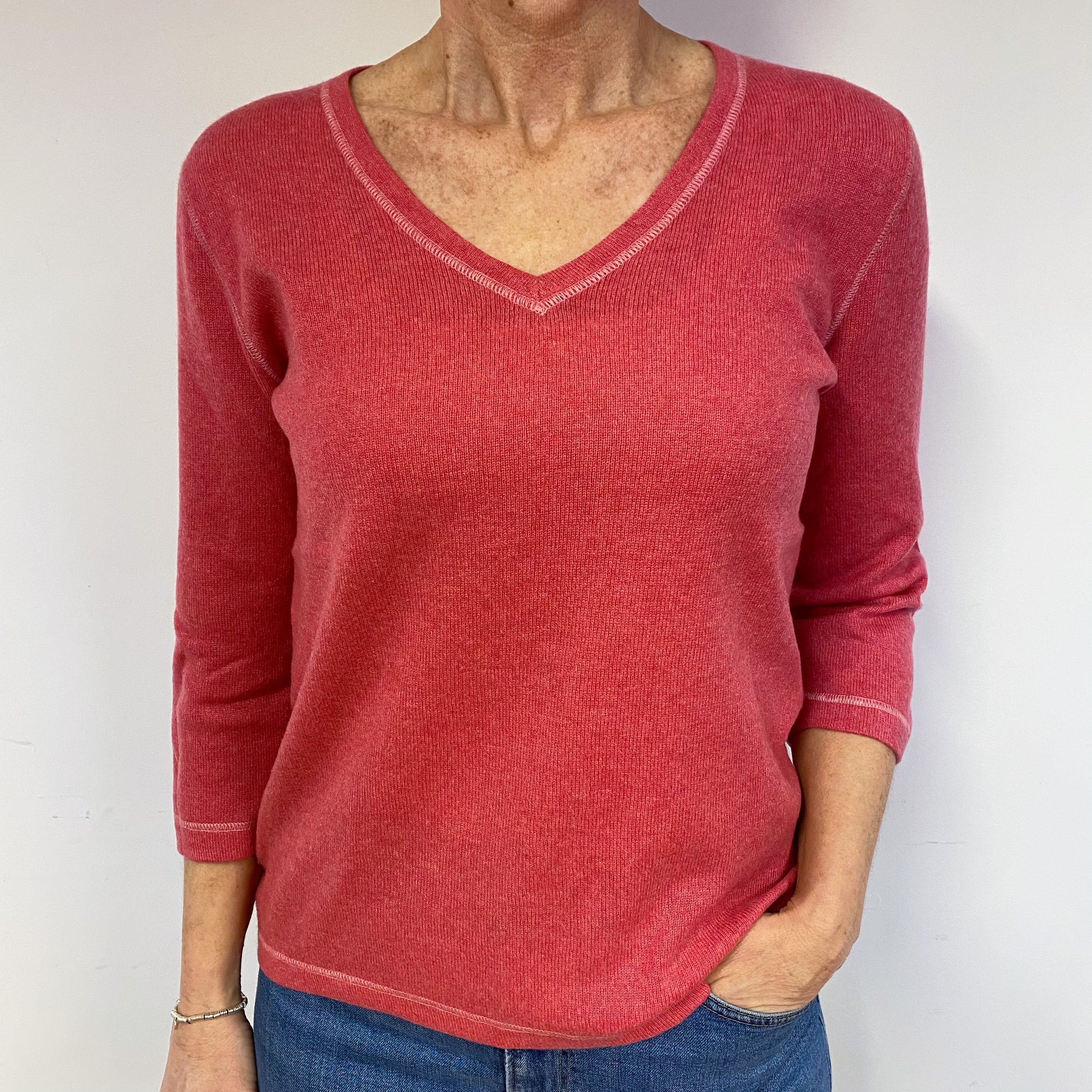Strawberry Pink Cashmere V-Neck Jumper Medium