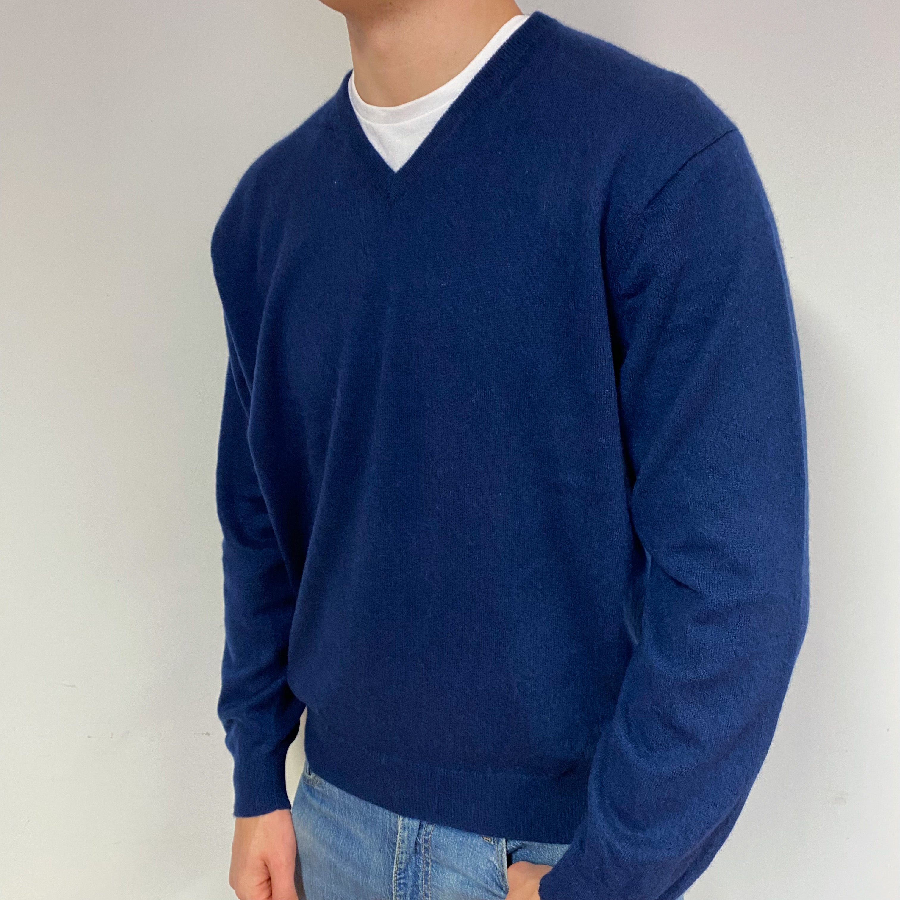 Men's Navy Blue Cashmere V-Neck Jumper XXL