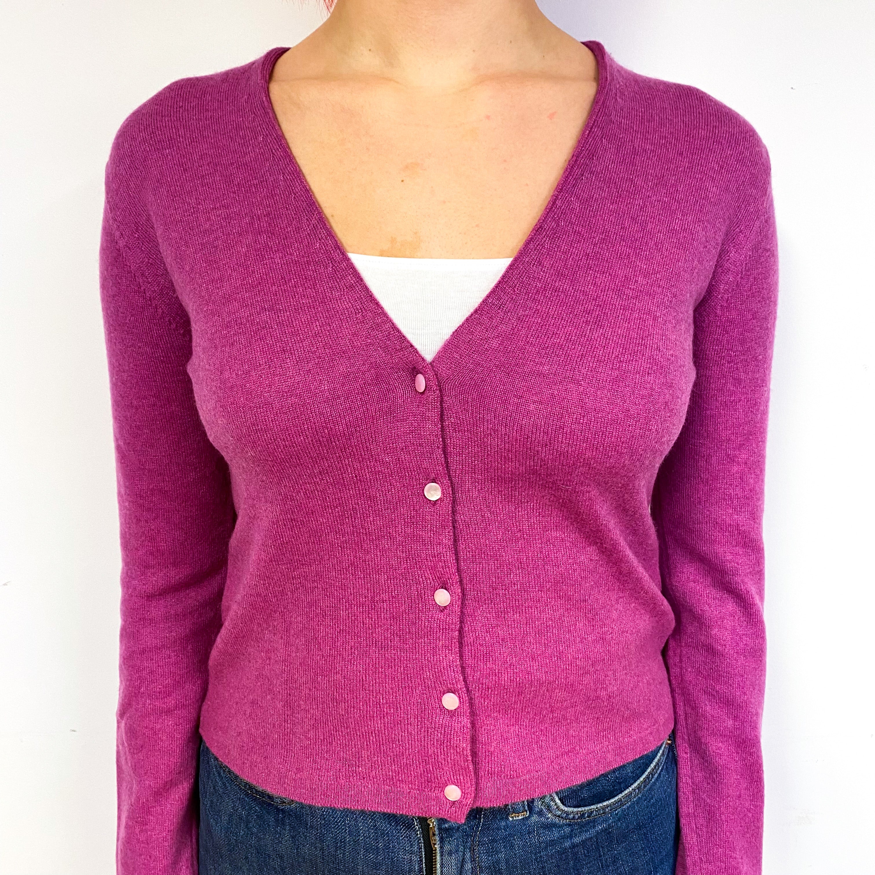 Brora Magenta Pink Cashmere V-Neck Cardigan Small