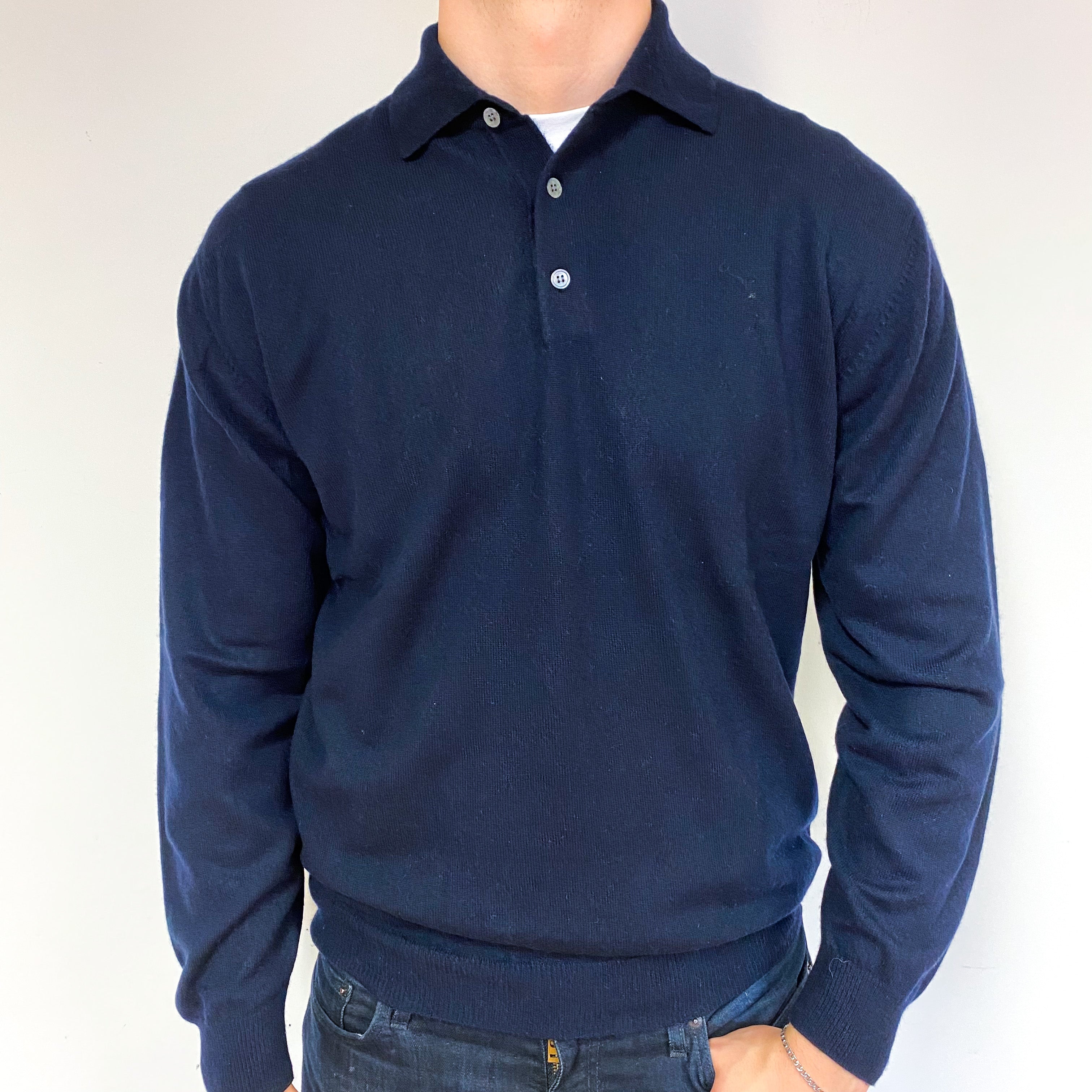 Men's Dark Navy Blue Cashmere 1/4 Button Jumper Extra Large