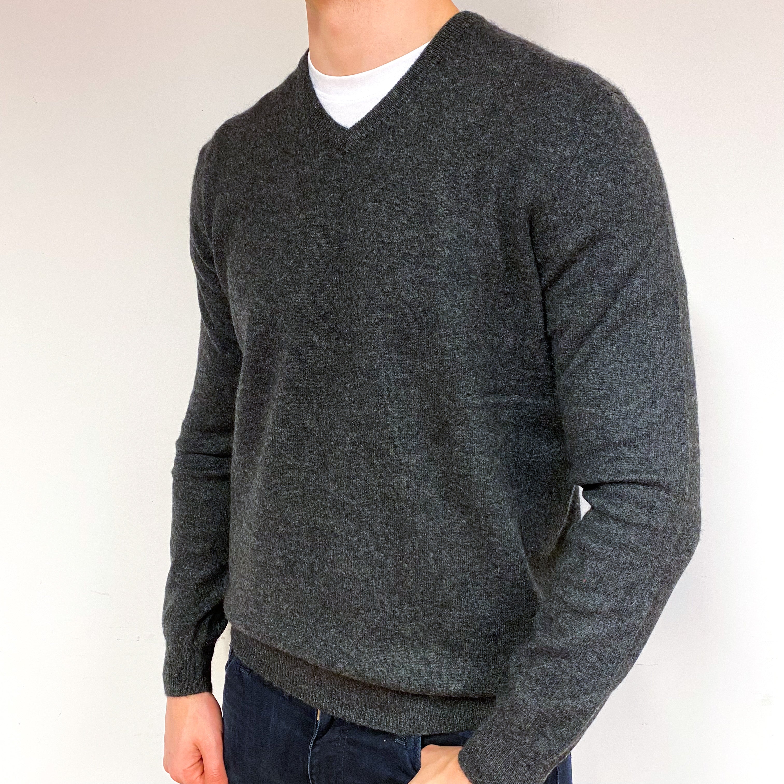 Men's Slate Grey Cashmere V-Neck Jumper Extra Large