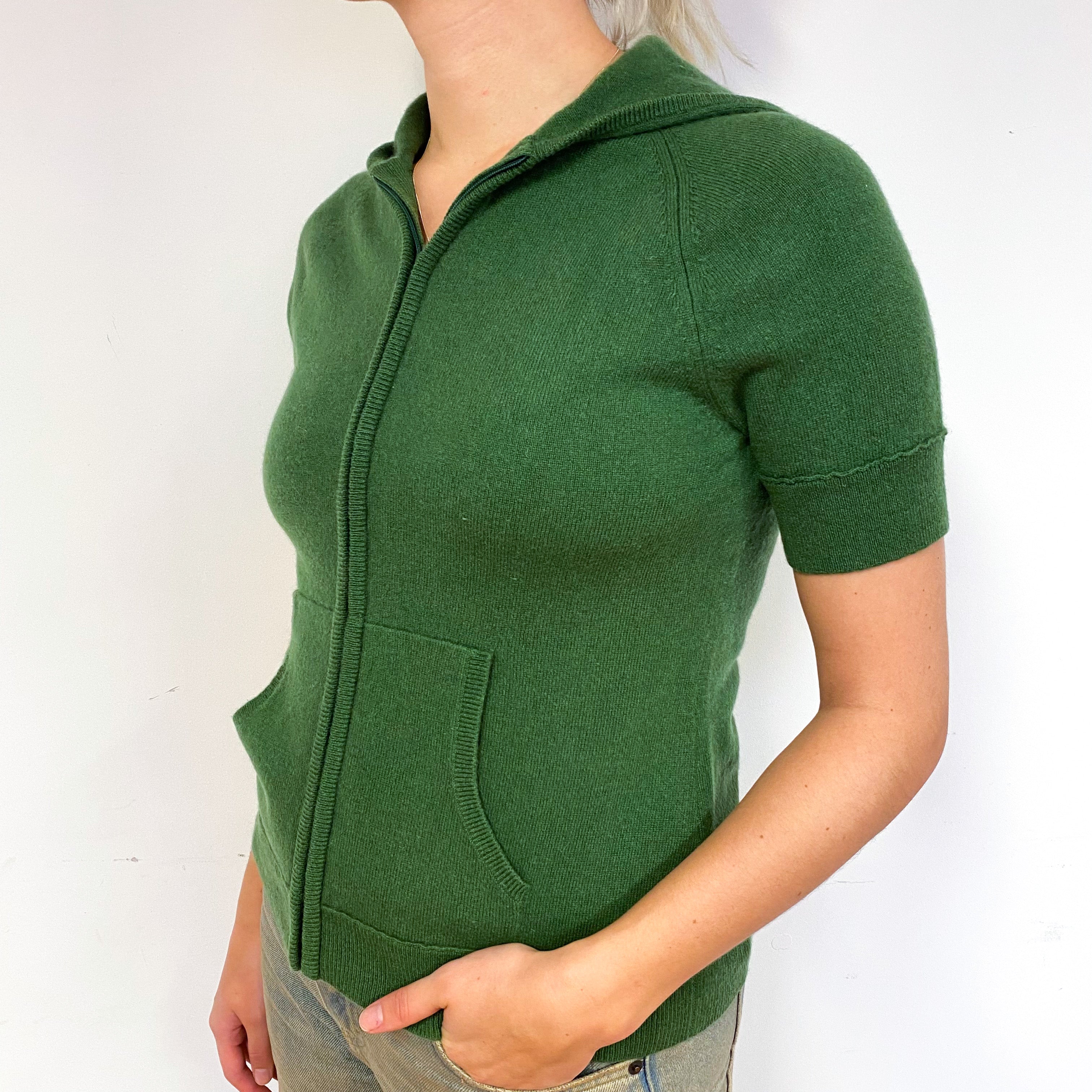 Fern Green Cashmere Short Sleeve Hoodie Cardigan Small