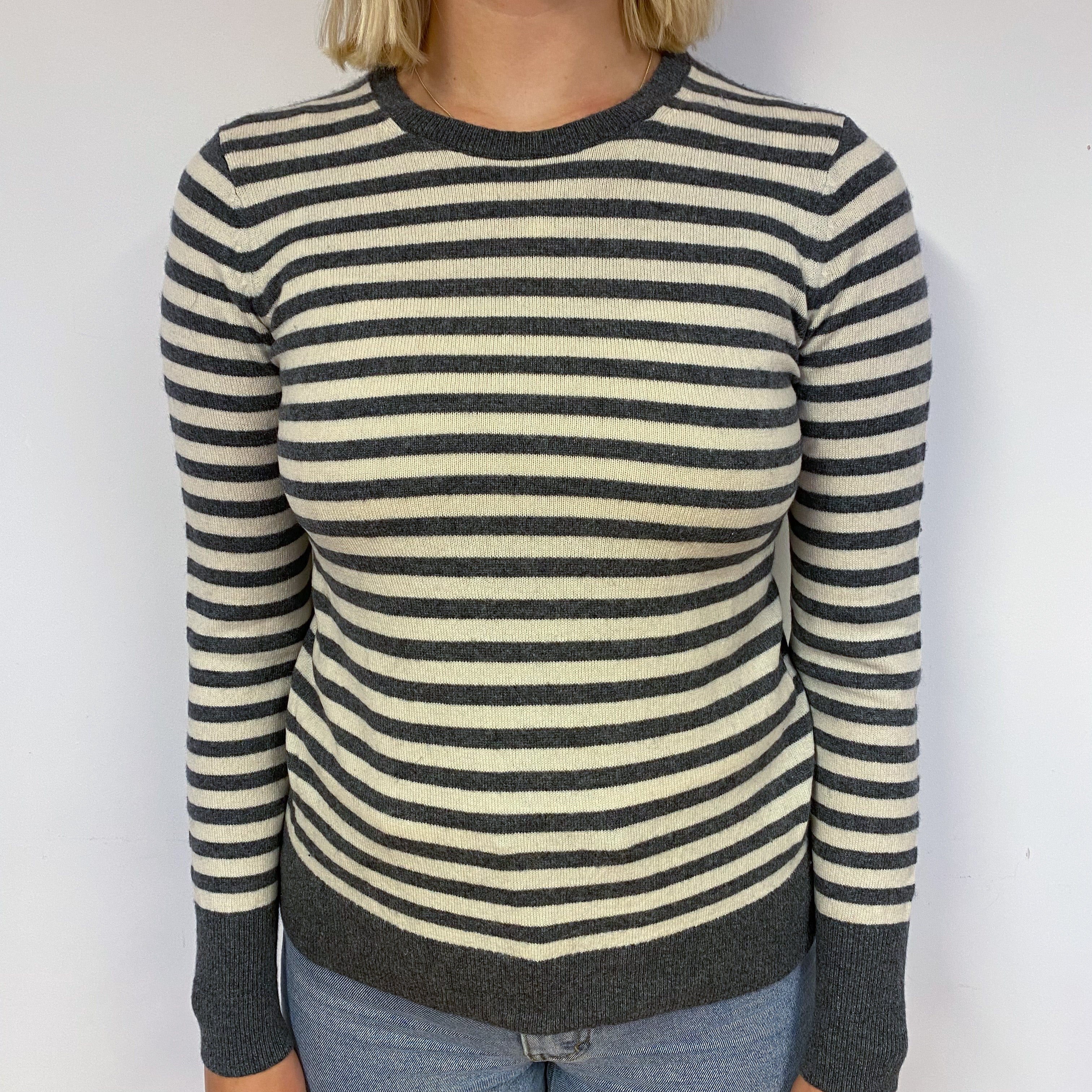 Grey Cream Stripe Cashmere Crew Neck Jumper Small