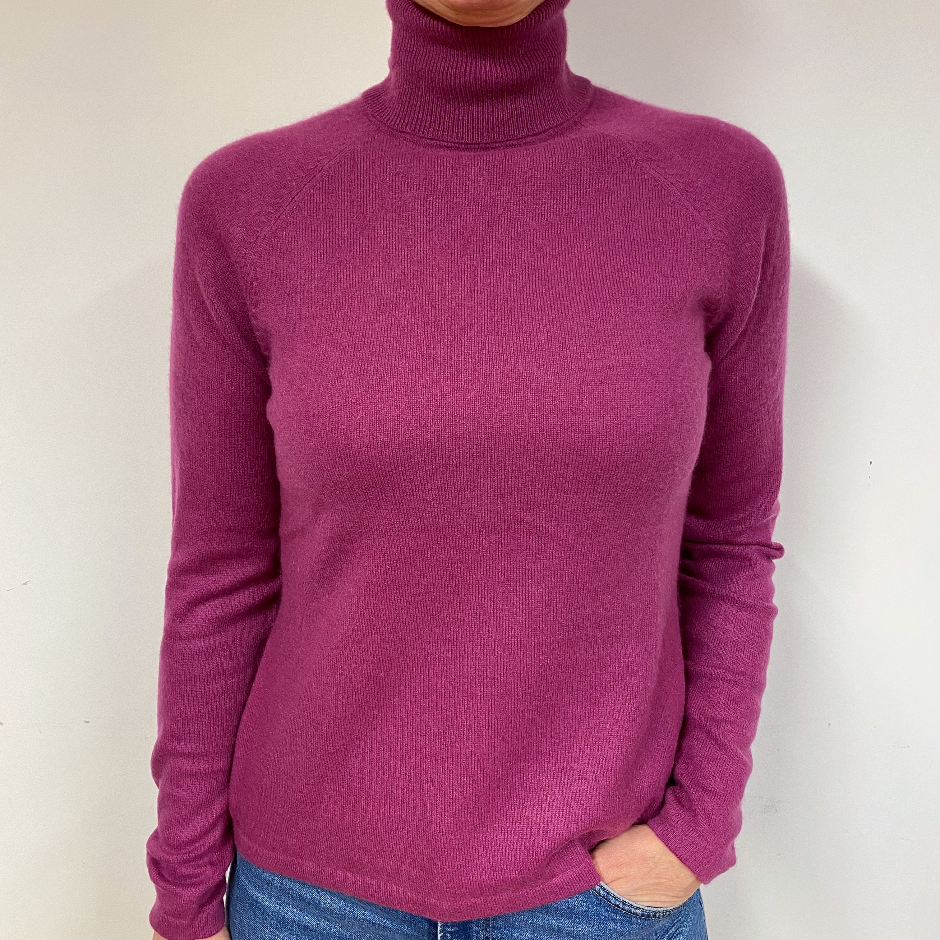 Magenta Pink Cashmere Polo Neck Jumper Medium