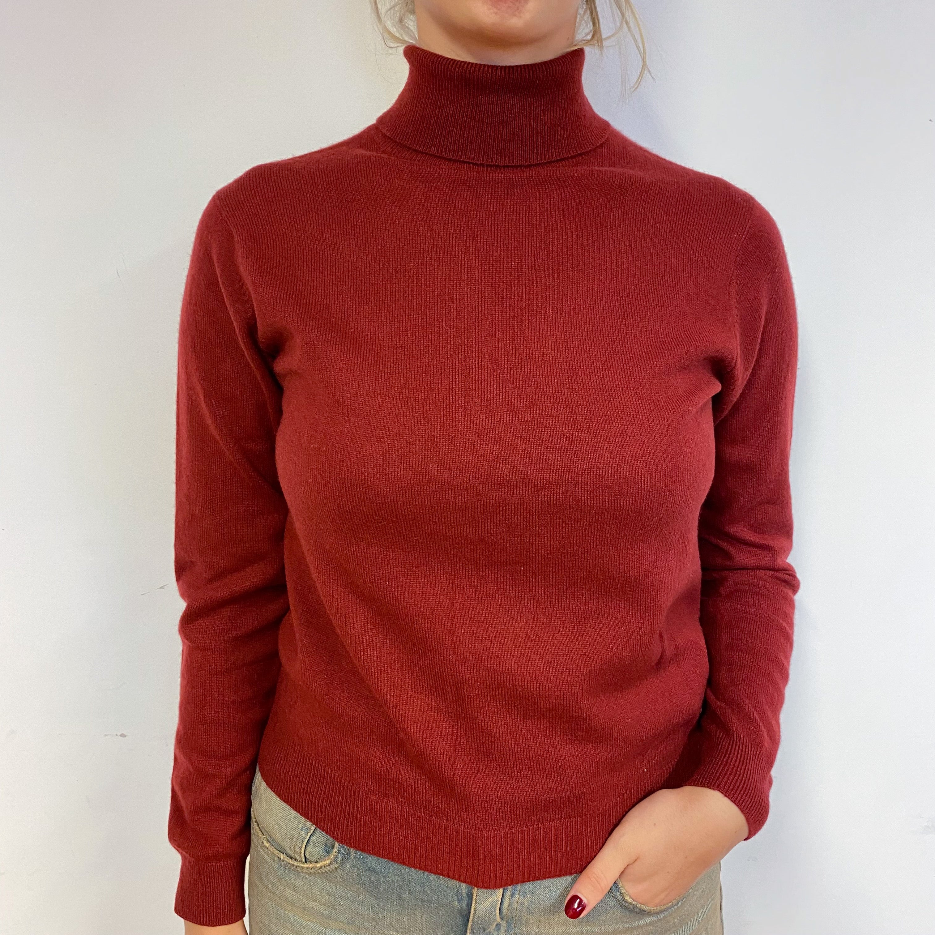 Burgundy Red Cashmere Polo Neck Jumper Small