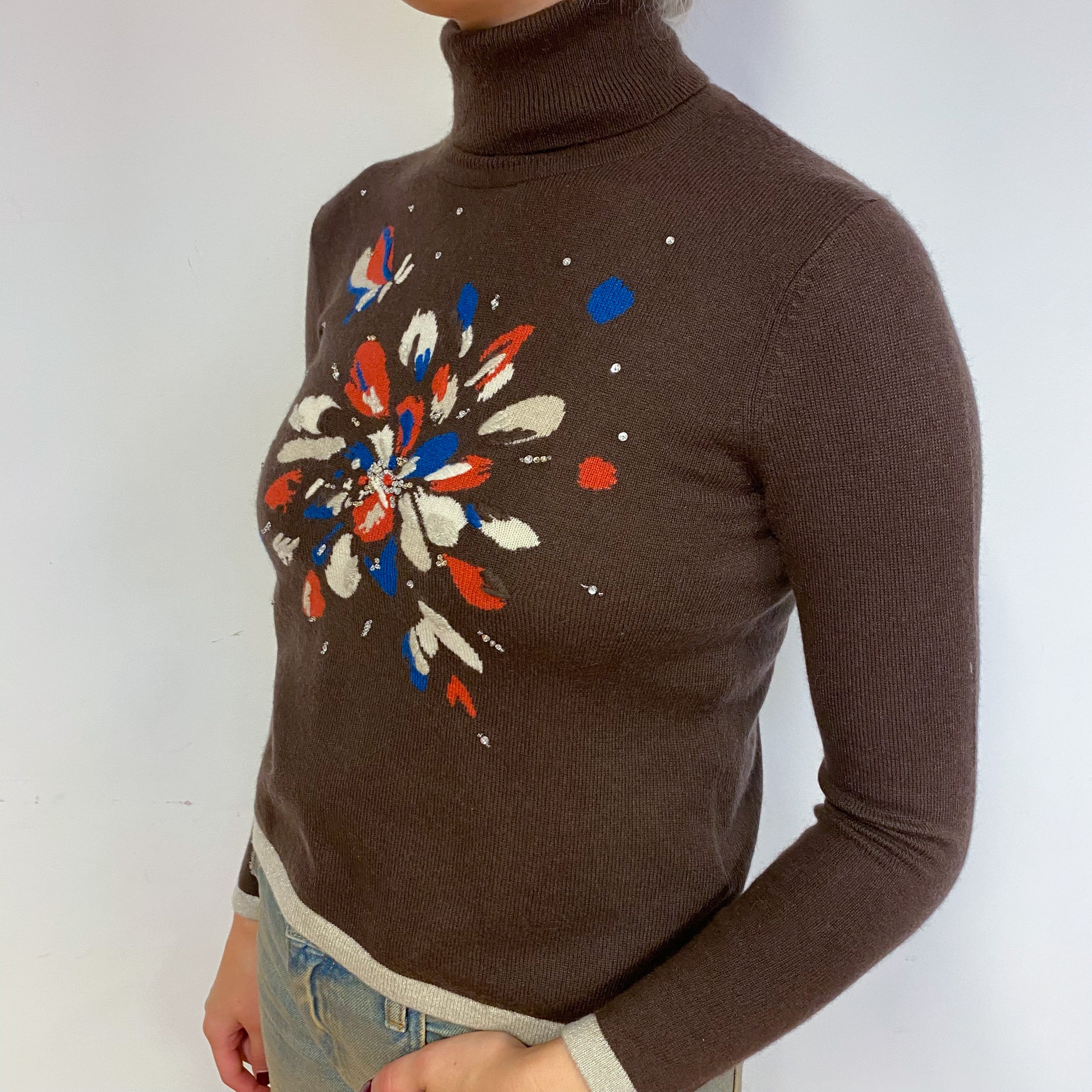 Brown Sparkly Floral Cashmere Polo Neck Jumper Small
