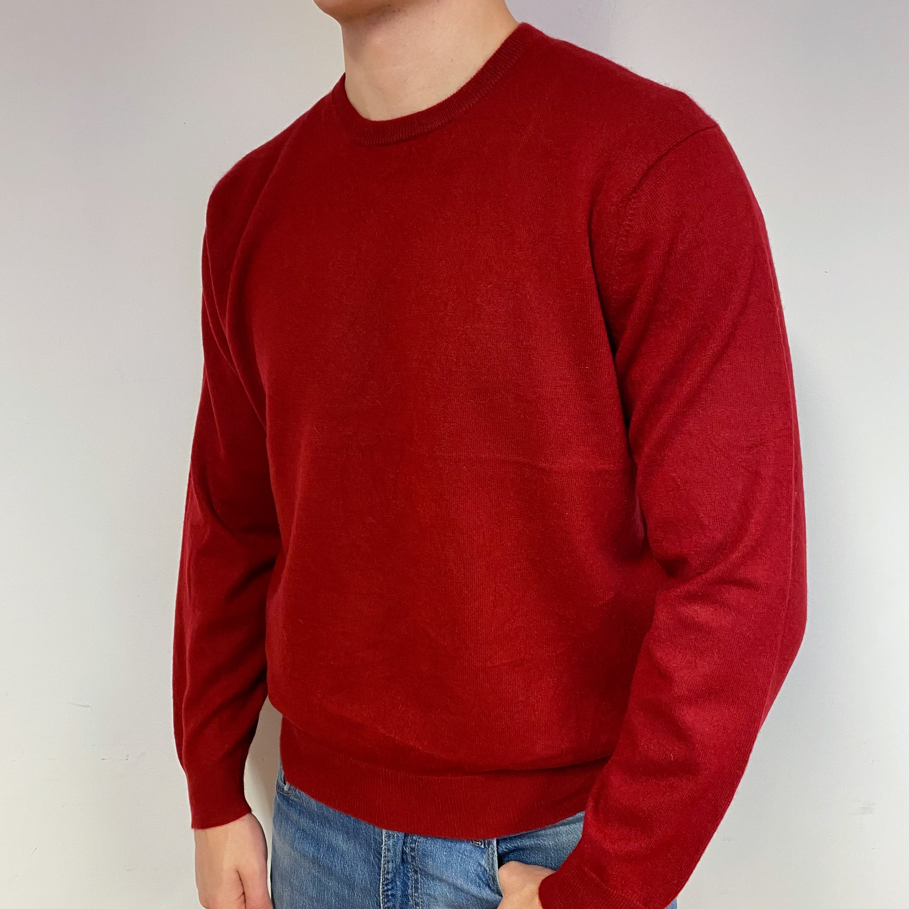 Men's Crimson Red Cashmere Crew Neck Jumper Extra Large