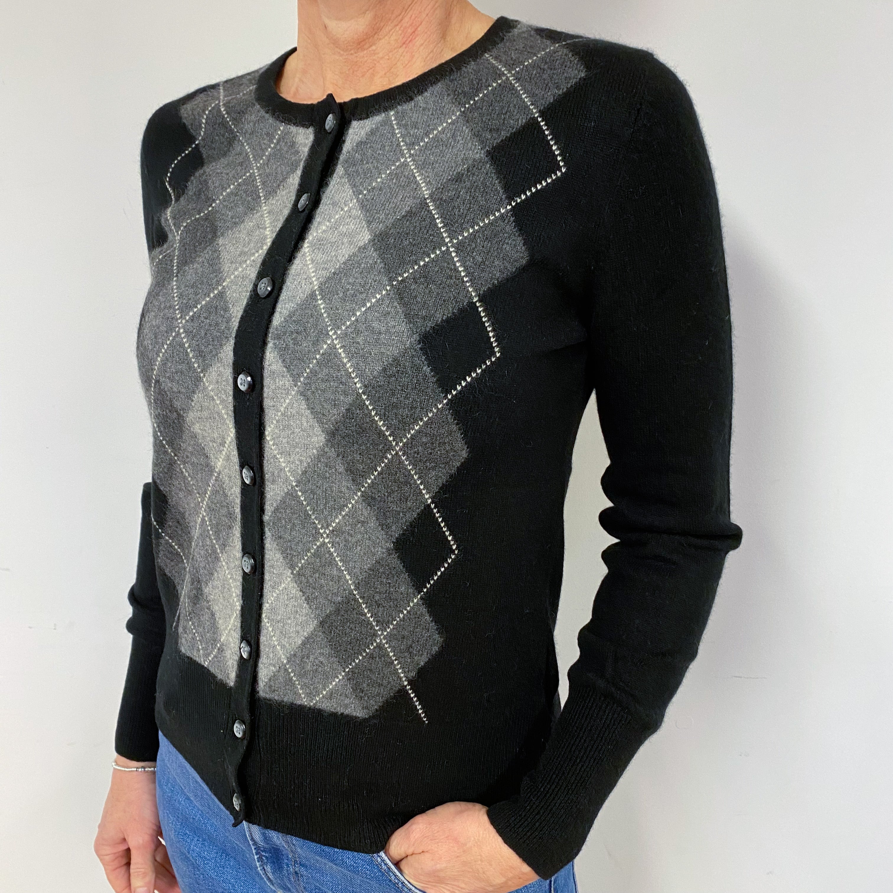Black Grey Diamond Cashmere Crew Neck Cardigan Medium