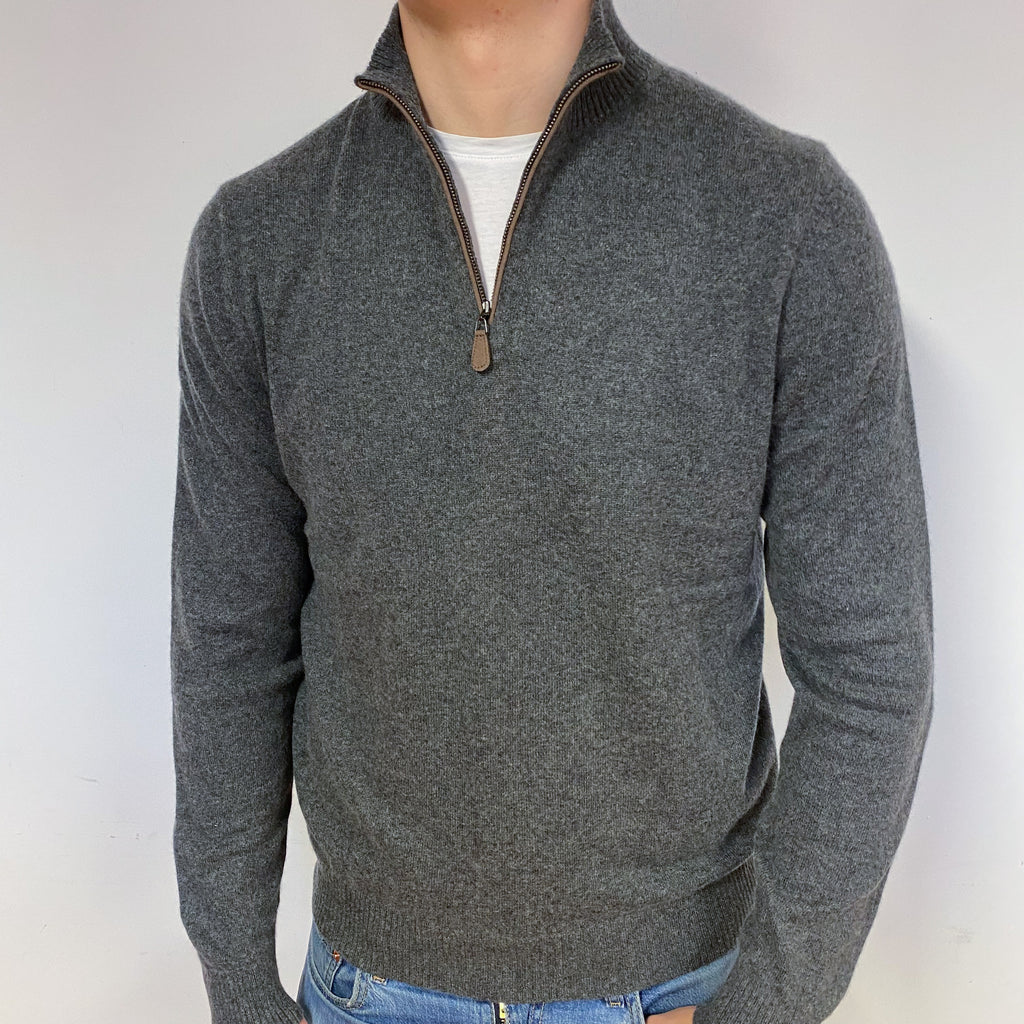 Men's Slate Grey Cashmere 1/4 Zip Jumper Extra Large