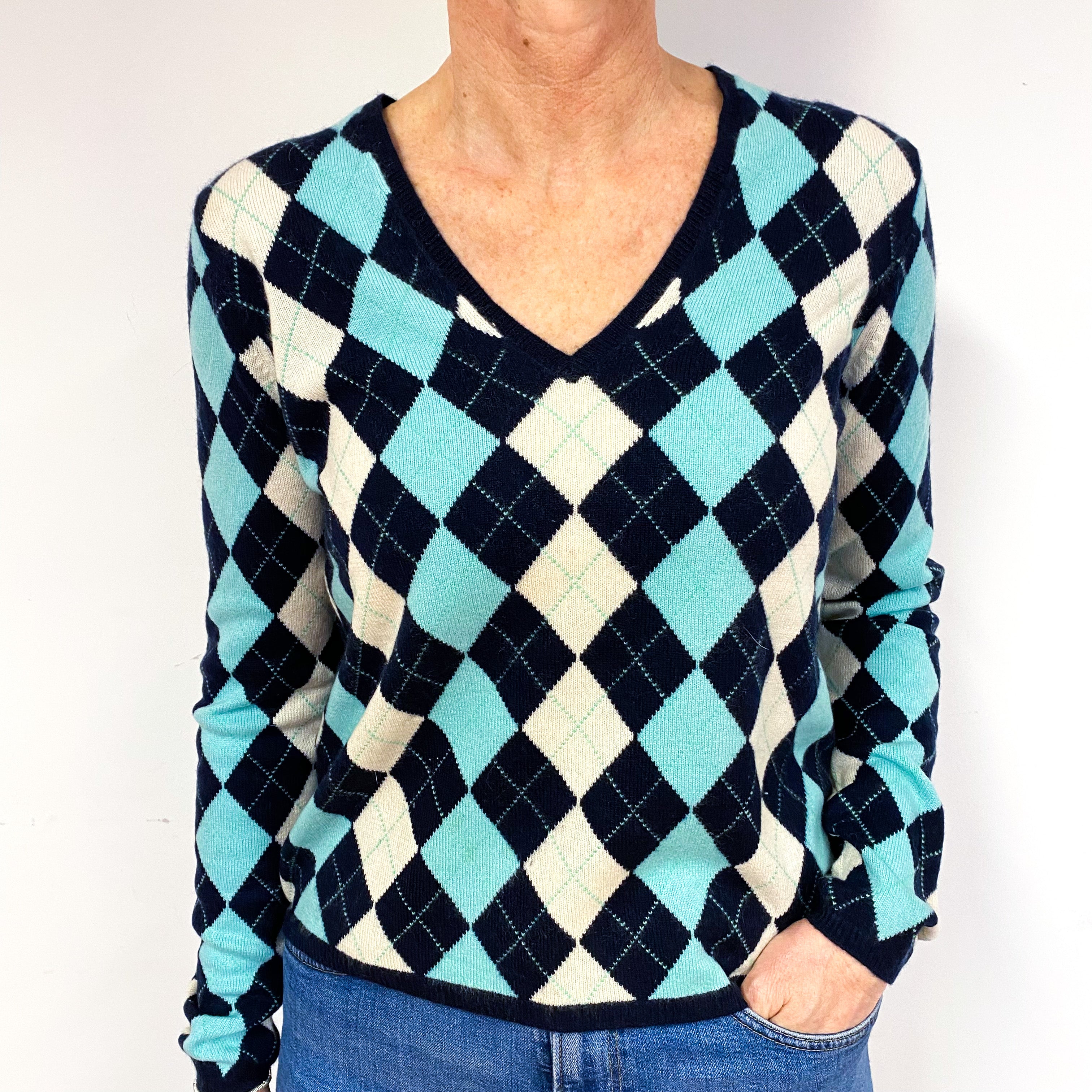 Navy Blue Aqua Diamond Cashmere V-Neck Jumper Medium