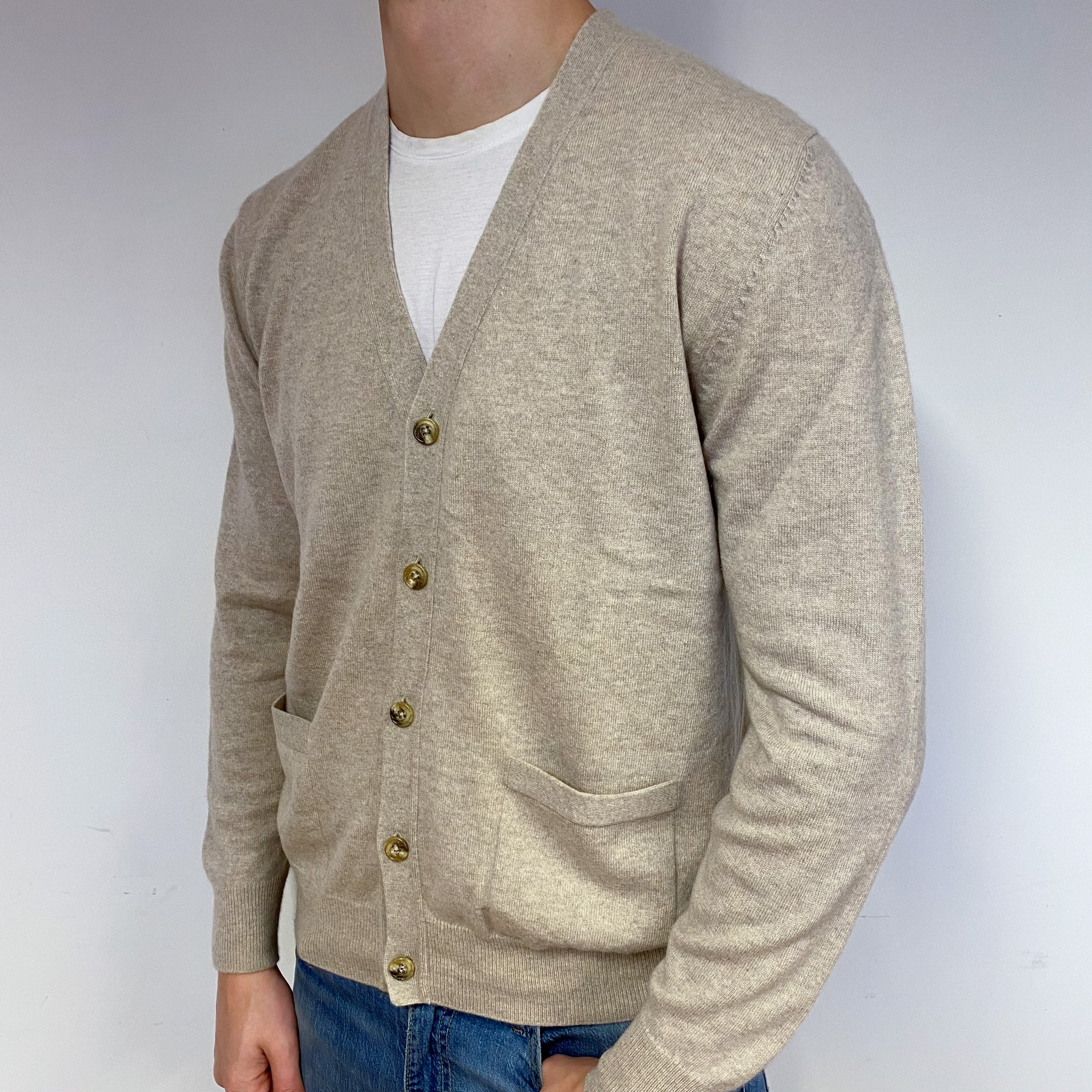 Men's Oatmeal Beige Cashmere V-Neck Cardigan Extra Large