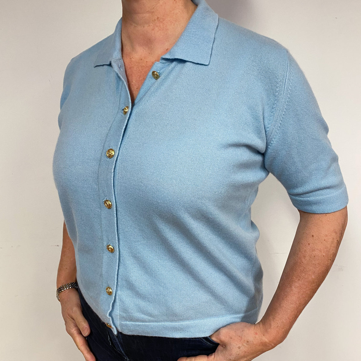 Vintage Scottish Duck Egg Blue Short Sleeved Cardigan Large